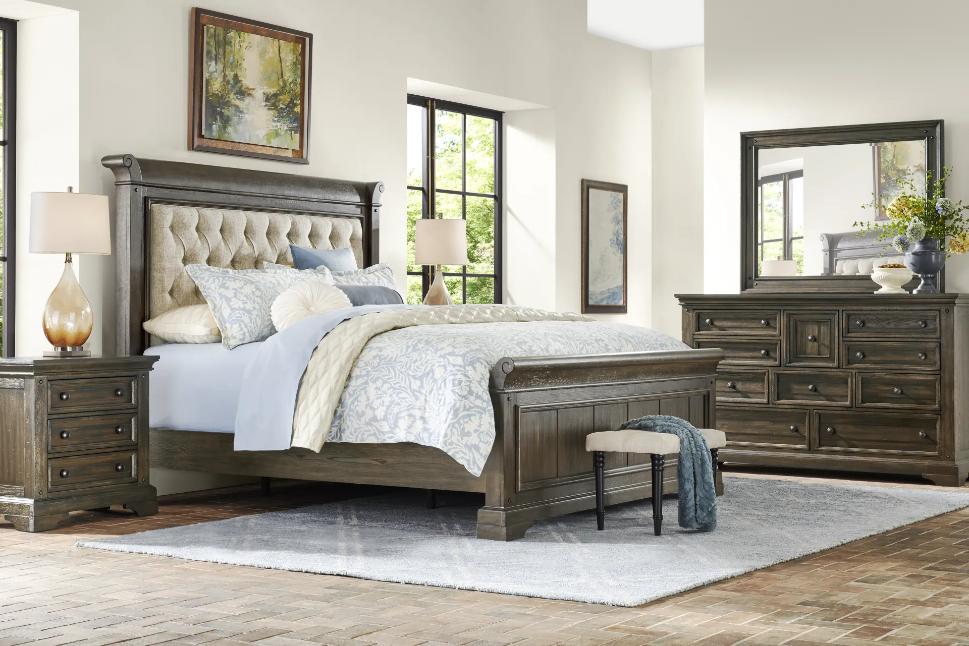 Glenbrook Dark Brown 7 Pc Queen Upholstered Bedroom - Image 1