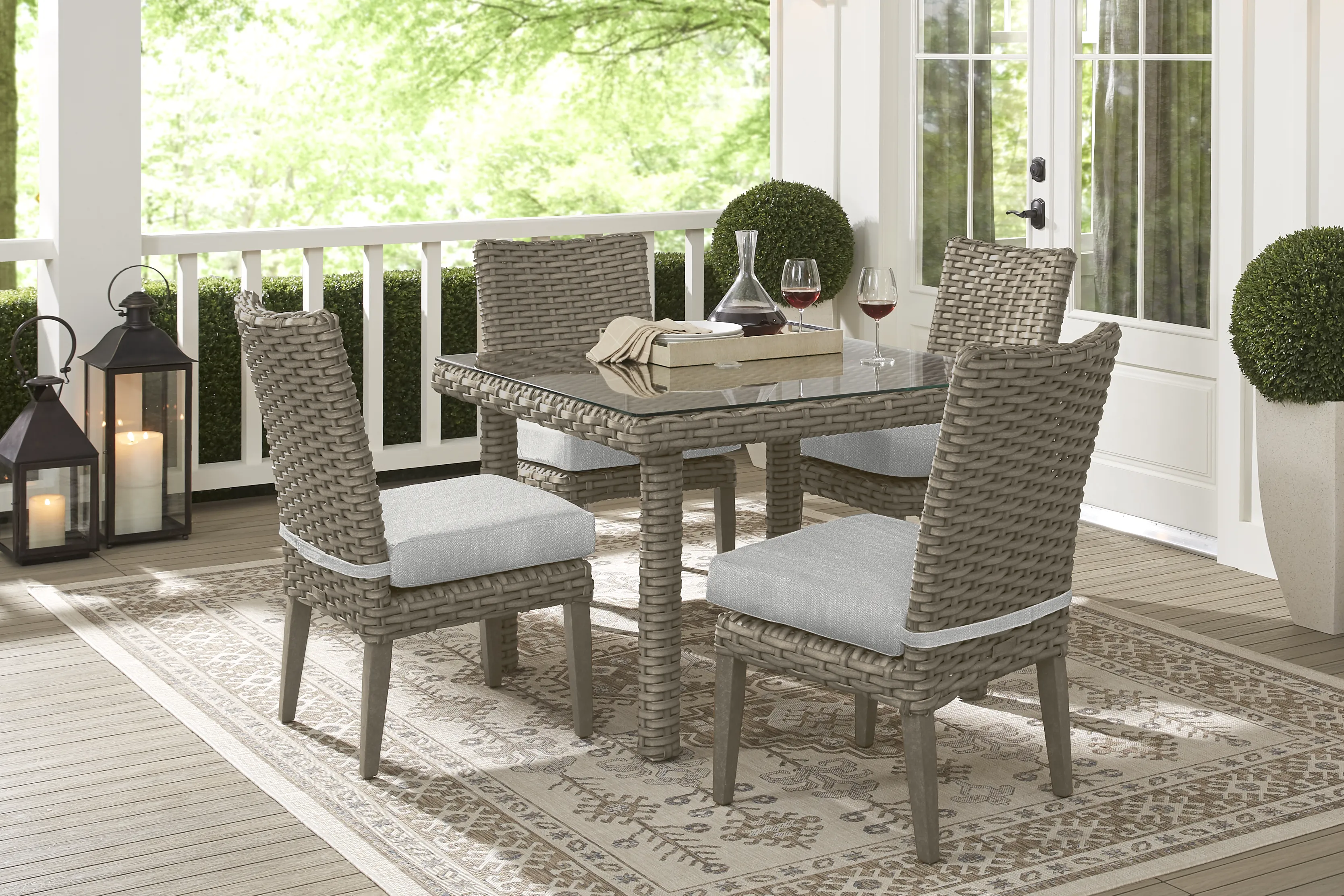 Siesta Key Driftwood 5 Pc Square Outdoor Dining Set with Dove Cushions - Thumbnail - Image 1