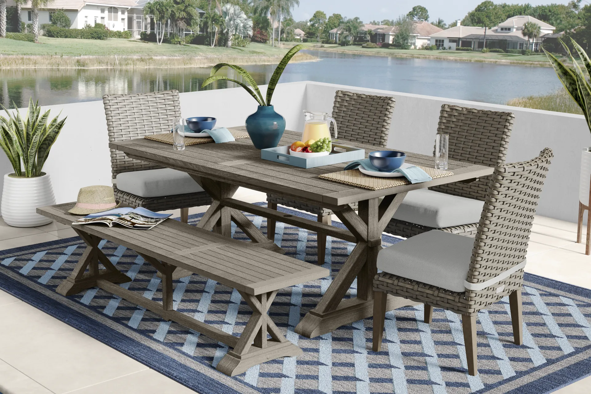 Siesta Key Gray 6 Pc Outdoor Dining Set with Dove Cushions and Bench - Image 1