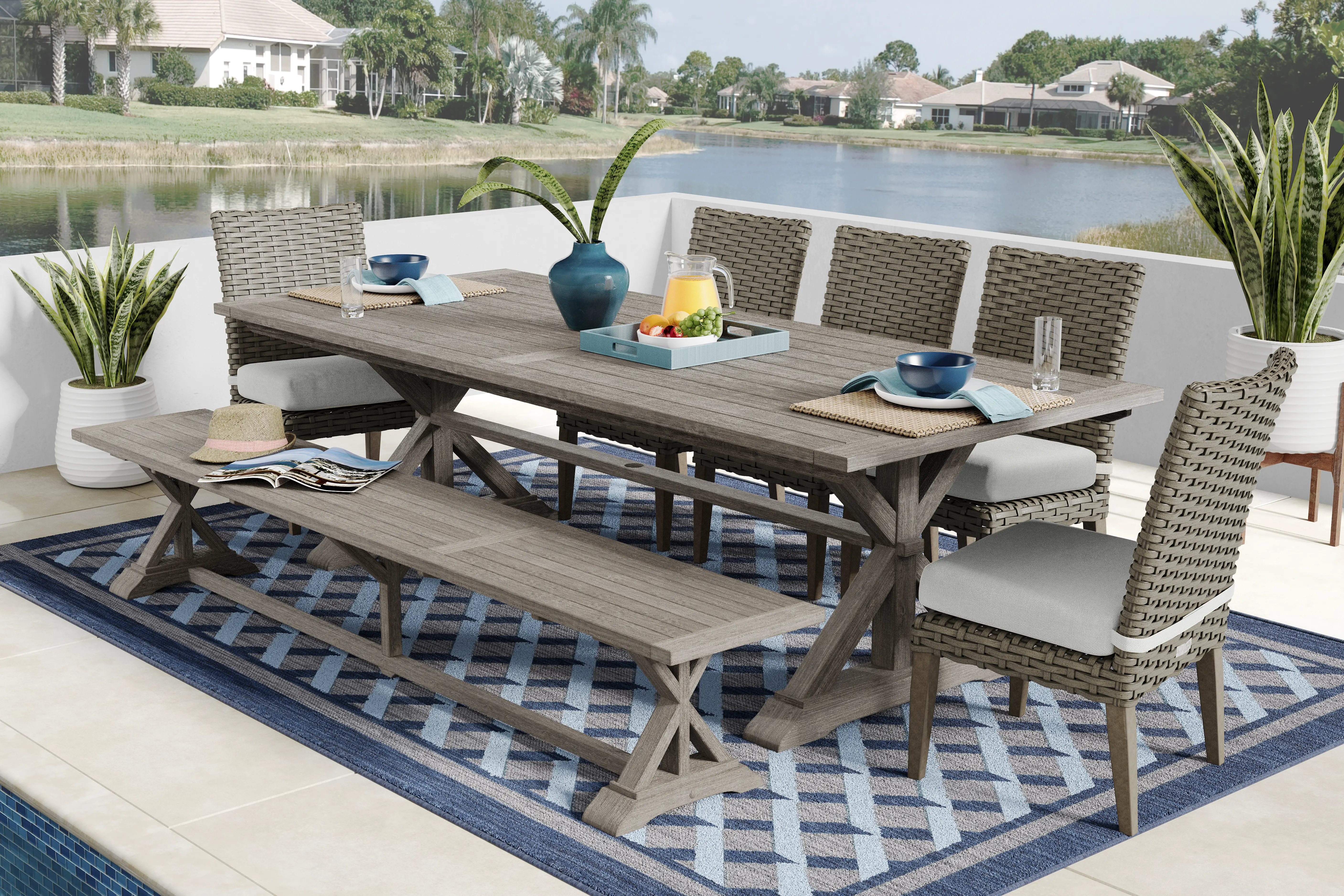 Siesta Key Gray 7 Pc Outdoor Dining Set with Dove Cushions and Bench - Thumbnail - Image 1