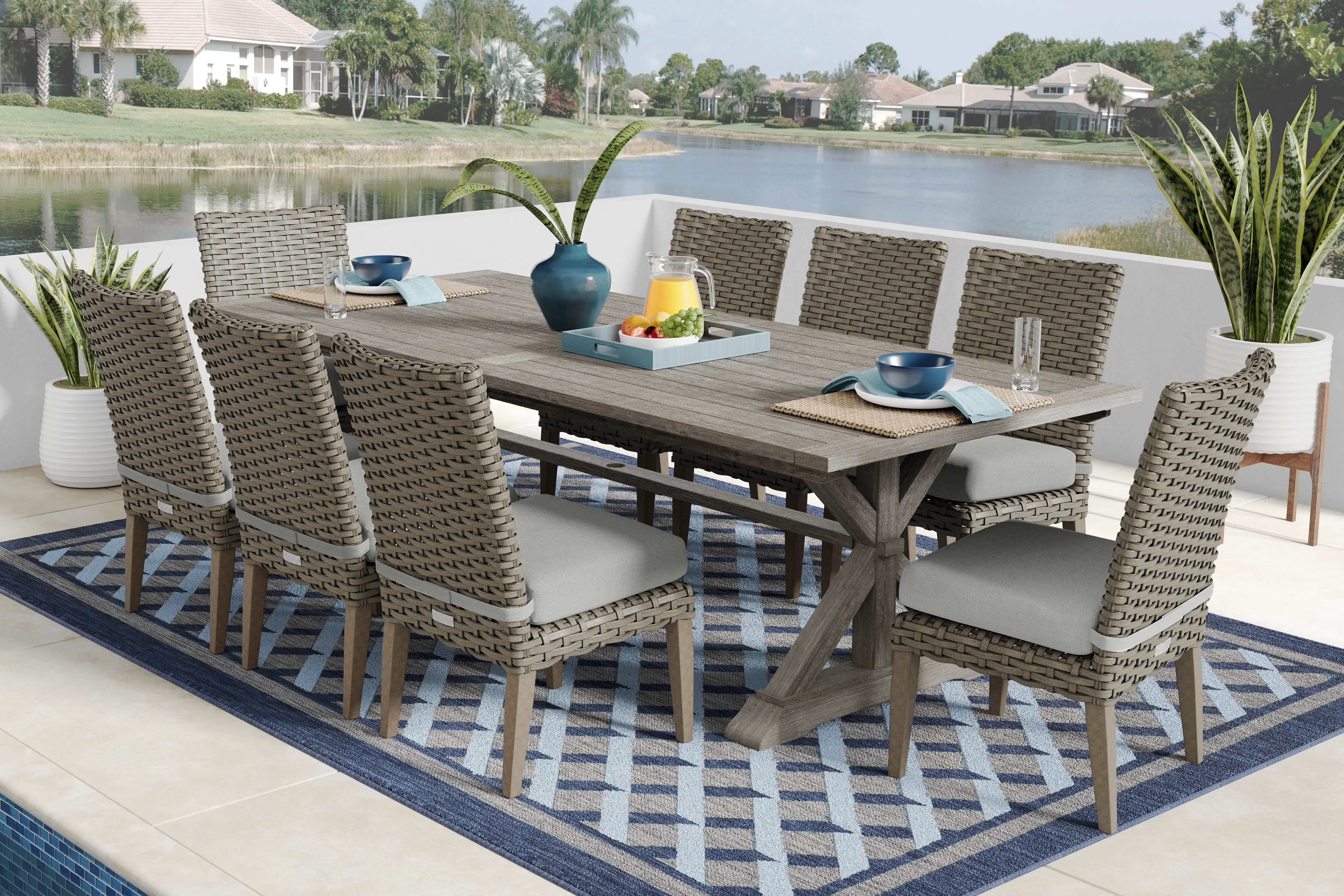 Siesta Key Gray 9 Pc Outdoor Dining Set with Dove Cushions - Thumbnail - Image 1
