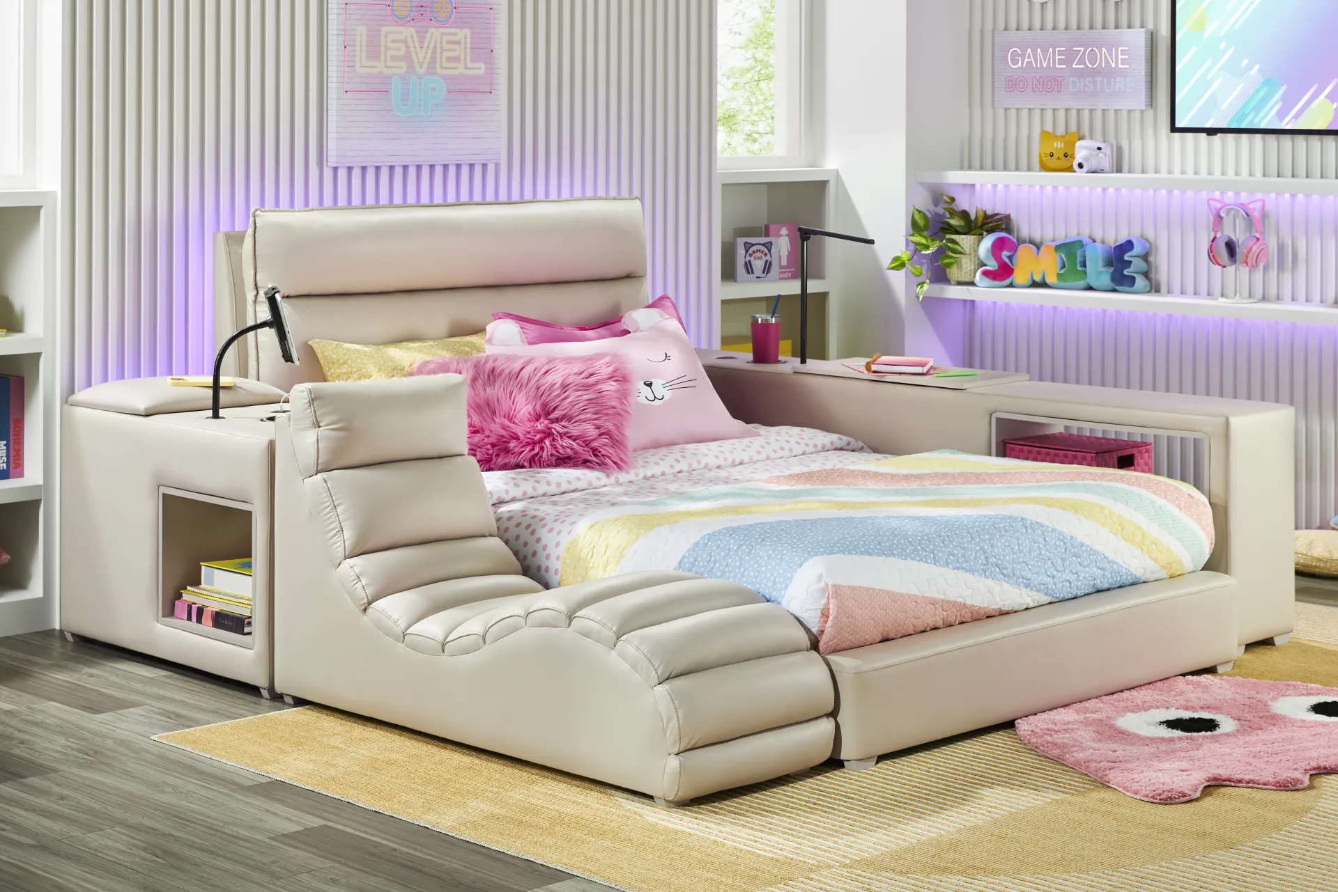 Kids Cloud9 Cream Full Upholstered Bed with Nightstand, Lounger and Bookcase - Image 1