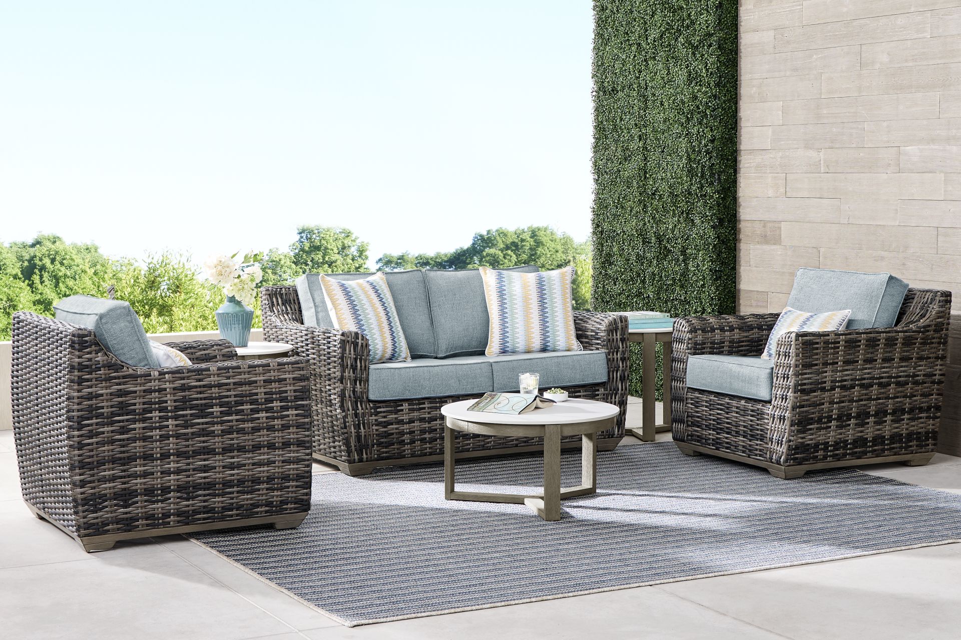 Montecello Gray 4 Pc Outdoor Loveseat Seating Set with Azure Cushions - Image 1
