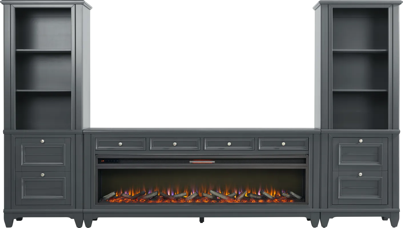 Hilton Head Graphite 4 Pc Wall Unit with 80 in. Console and Electric Log Fireplace