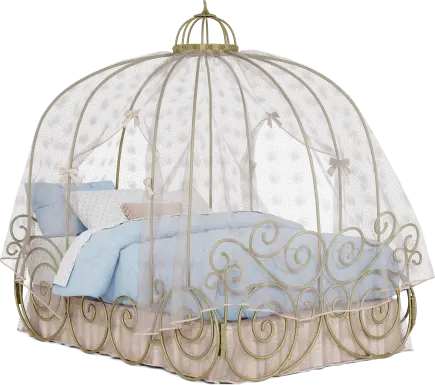 Disney Princess Royal Gold Full Carriage Bed with Pink Canopy and Bed Skirt