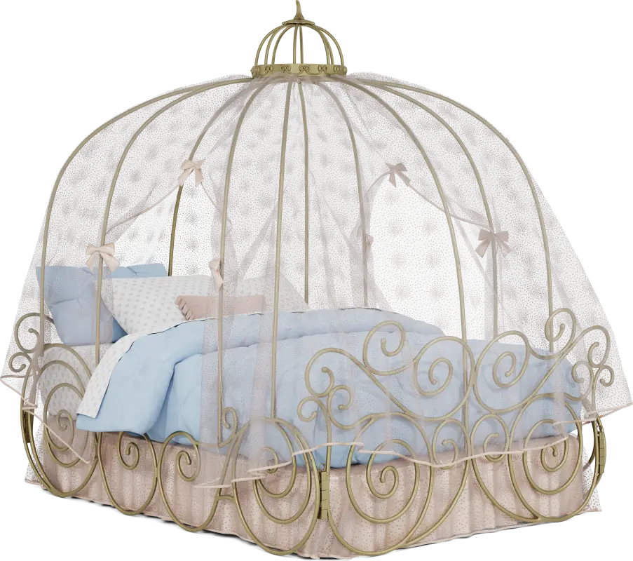 Disney Princess Royal Gold Full Carriage Bed with Pink Canopy and Bed Skirt