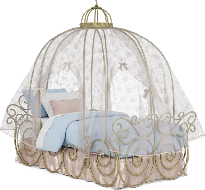 Disney Princess Royal Gold Twin Carriage Bed with Pink Canopy and Bed Skirt