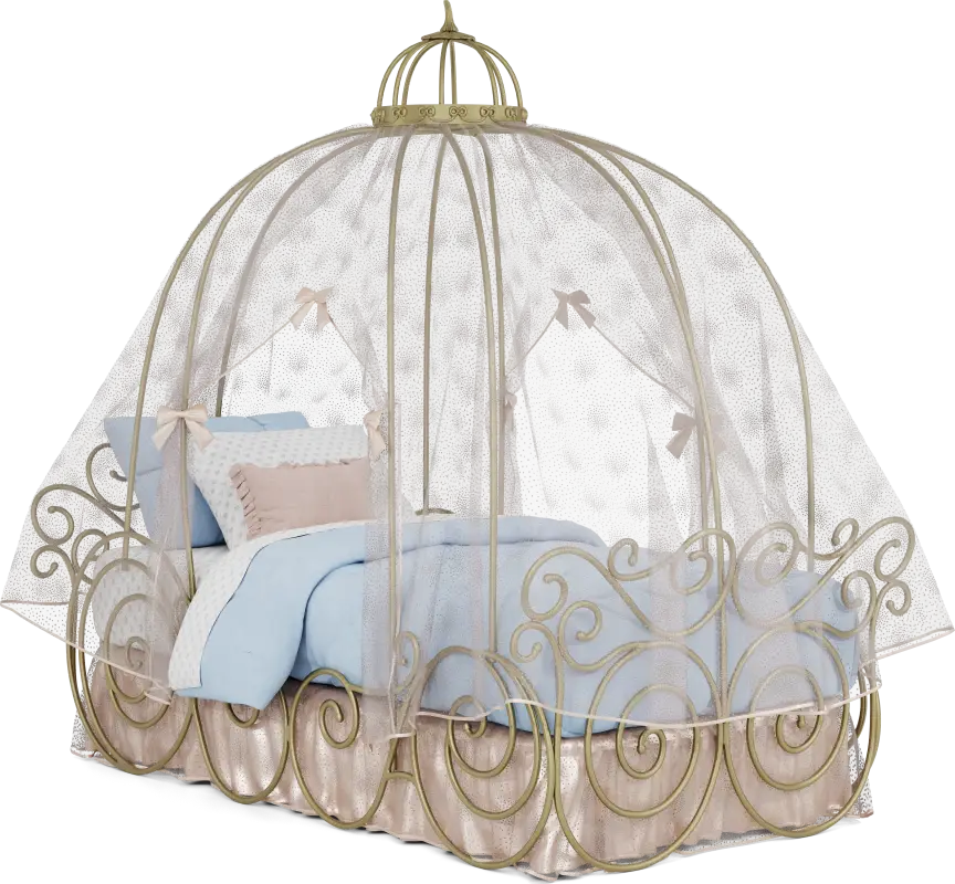 Disney Princess Royal Gold Twin Carriage Bed with Pink Canopy and Bed Skirt