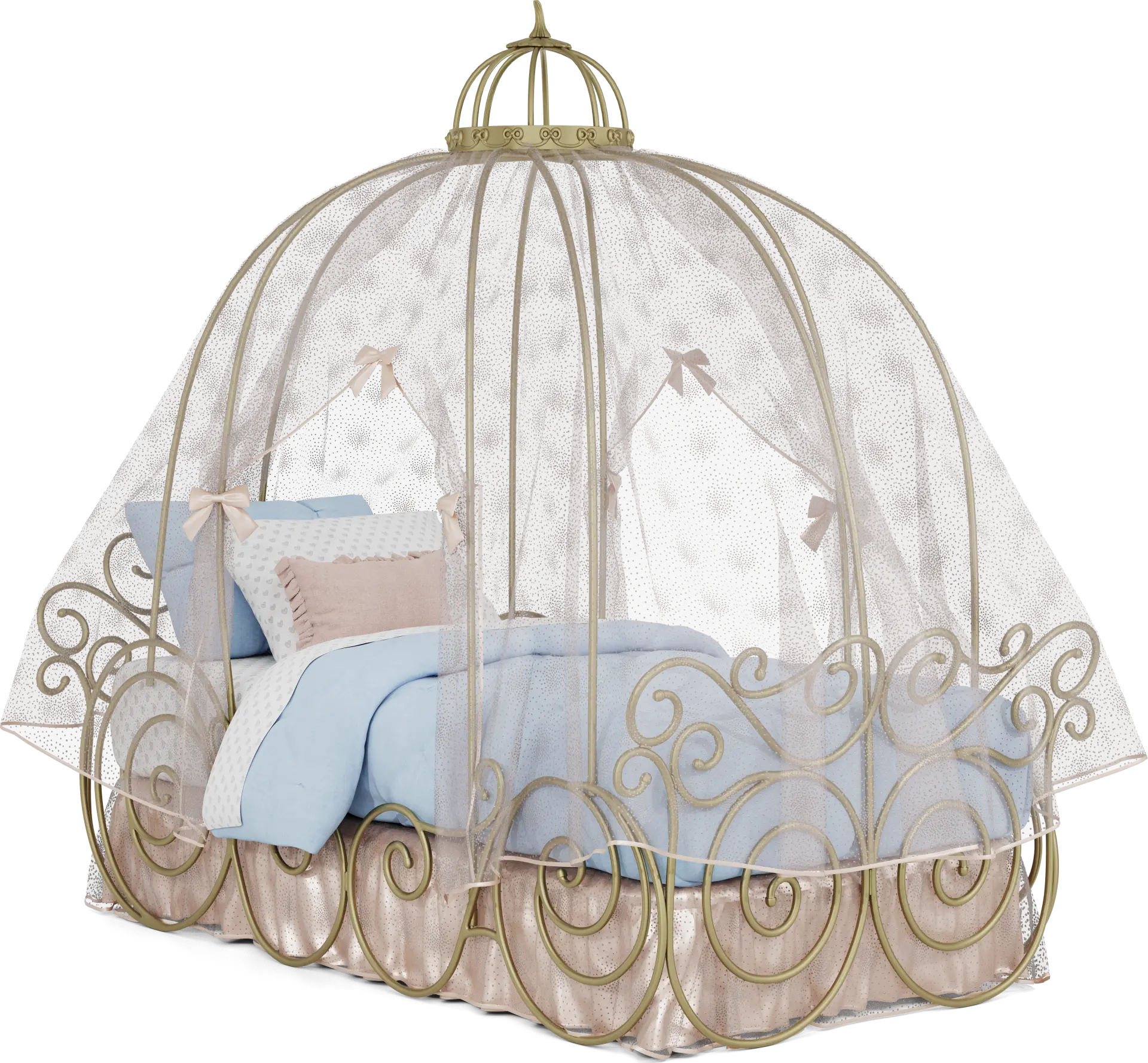 Disney Princess Royal Gold Twin Carriage Bed with Pink Canopy and Bed Skirt