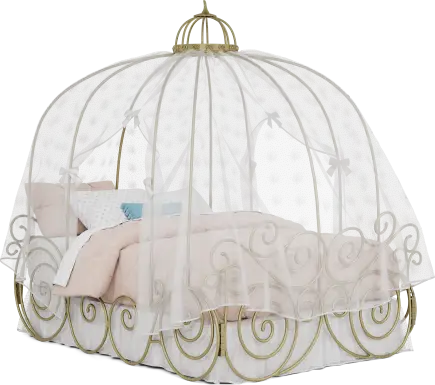 Disney Princess Royal Gold Full Carriage Bed with White Canopy and Bed Skirt