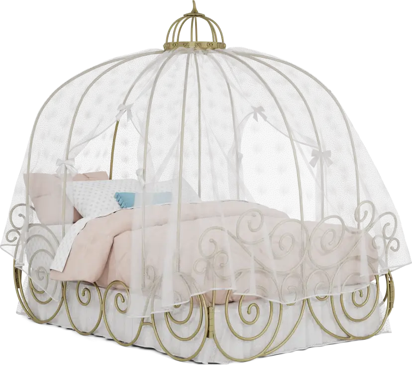 Disney Princess Royal Gold Full Carriage Bed with White Canopy and Bed Skirt