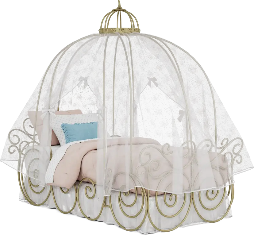 Disney Princess Royal Gold Twin Carriage Bed with White Canopy and Bed Skirt