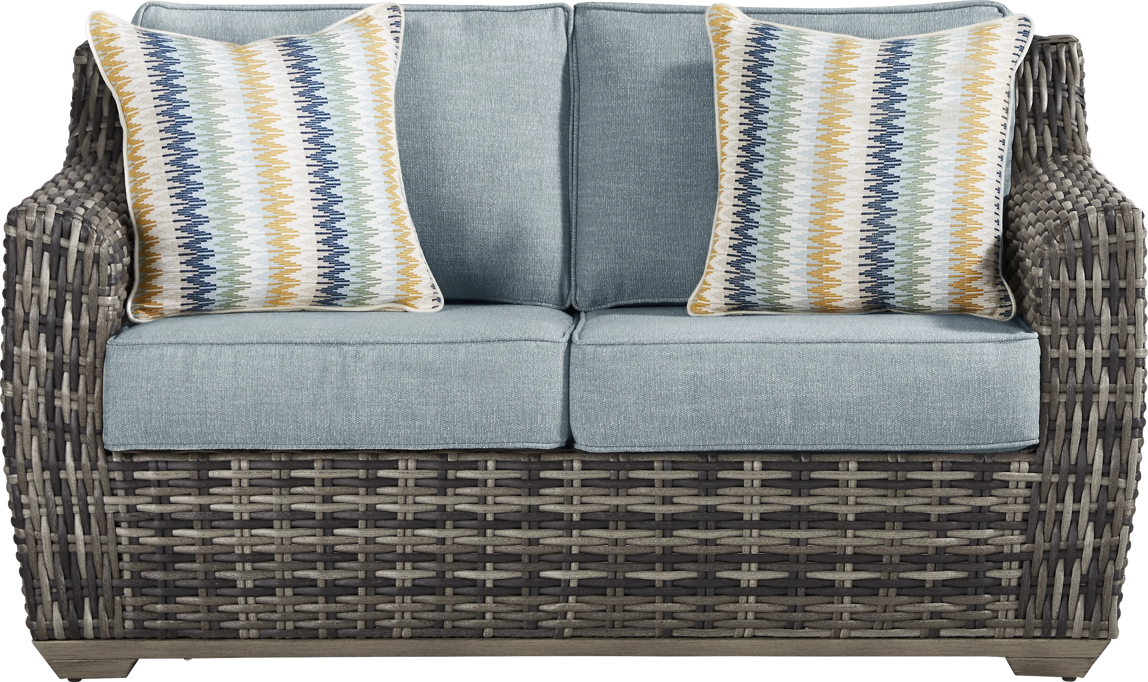 Montecello Gray Outdoor Loveseat with Azure Cushions - Thumbnail - Image 1