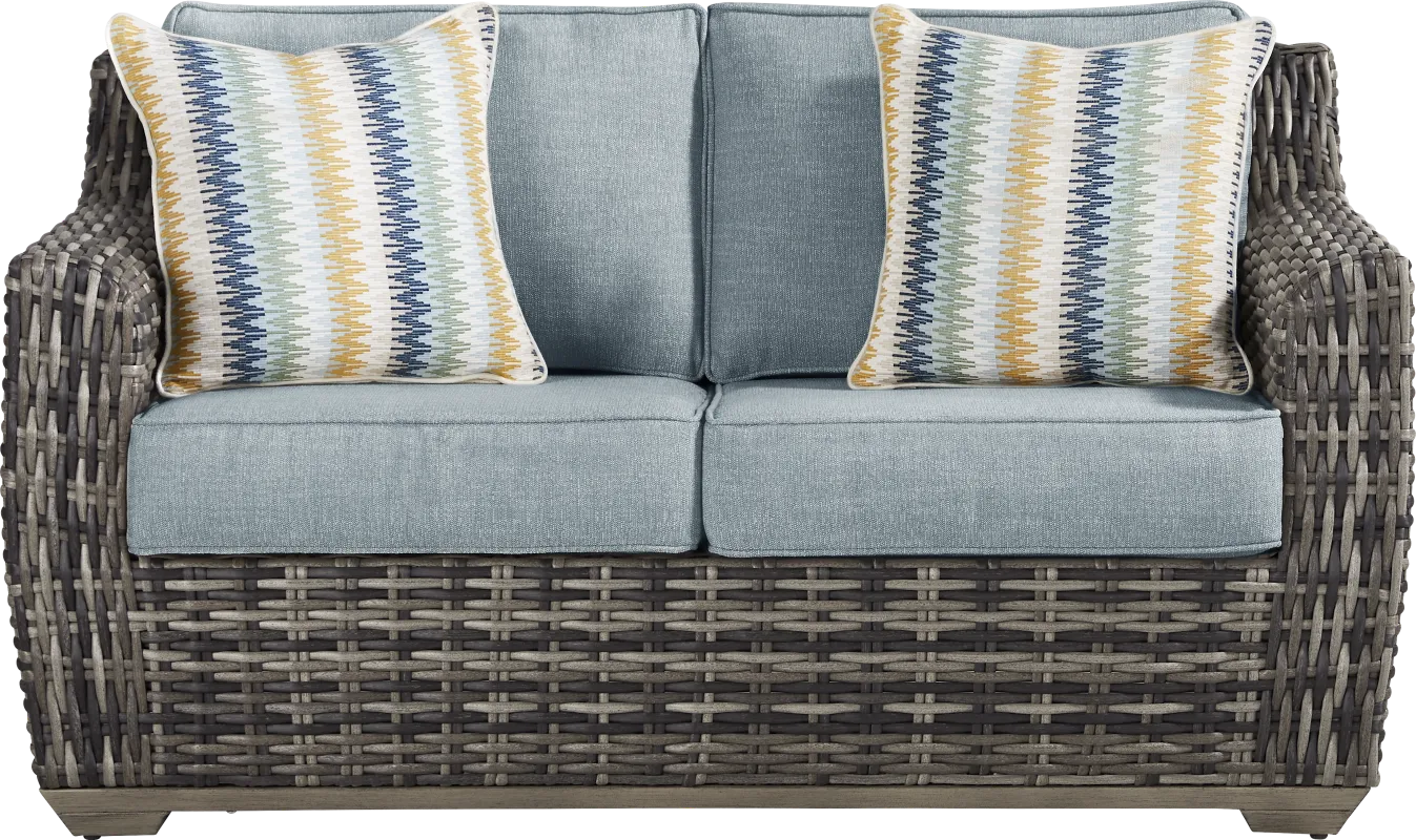 Montecello Gray Outdoor Loveseat with Azure Cushions