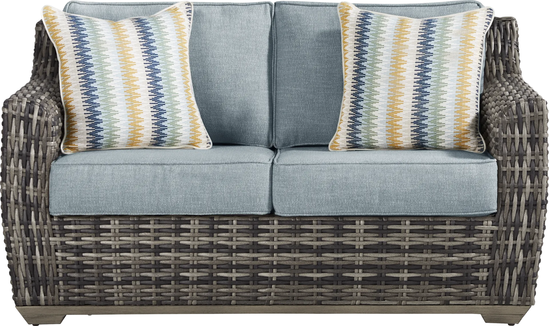 Montecello Gray Outdoor Loveseat with Azure Cushions - Image 1