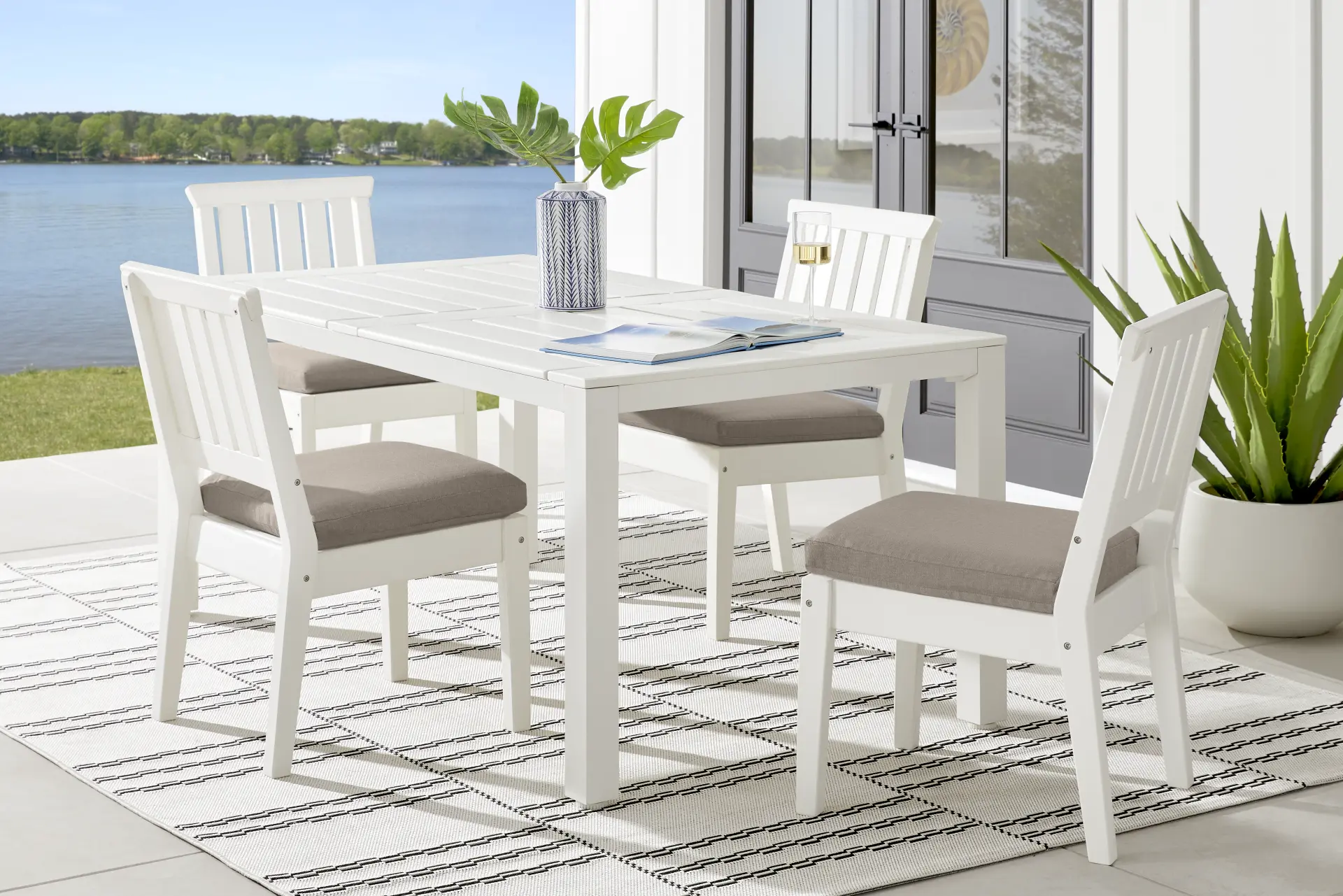 Eastlake White 5 Pc 71 in. Rectangle Outdoor Dining Set with Mushroom Cushions
