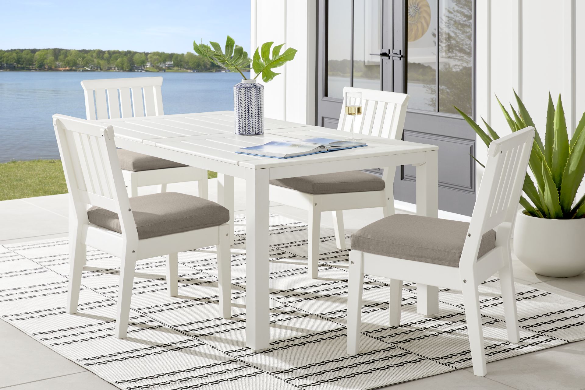 Eastlake White 5 Pc 71 in. Rectangle Outdoor Dining Set with Mushroom Cushions - Image 1