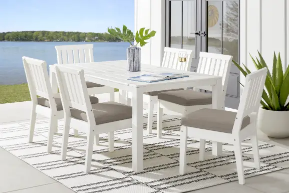 Eastlake White 7 Pc 71 in. Rectangle Outdoor Dining Set with Mushroom Cushions