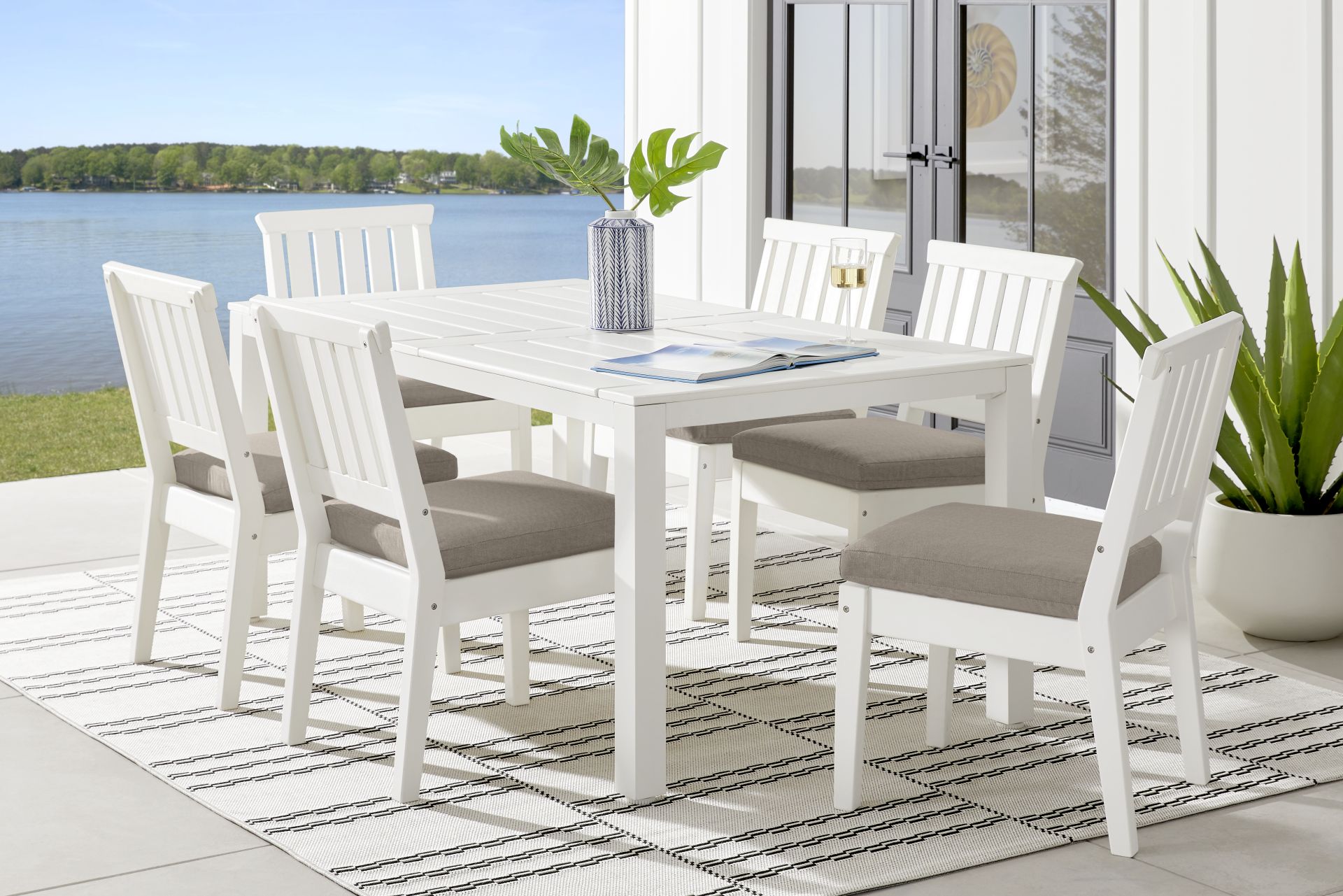 Eastlake White 7 Pc 71 in. Rectangle Outdoor Dining Set with Mushroom Cushions - Image 1