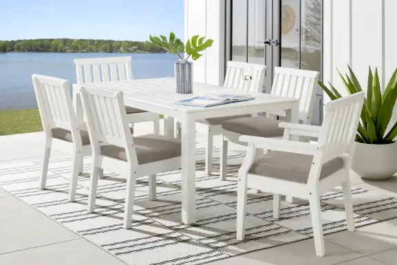 Eastlake White 7 Pc 71 in. Rectangle Outdoor Dining Set with Mushroom Cushions