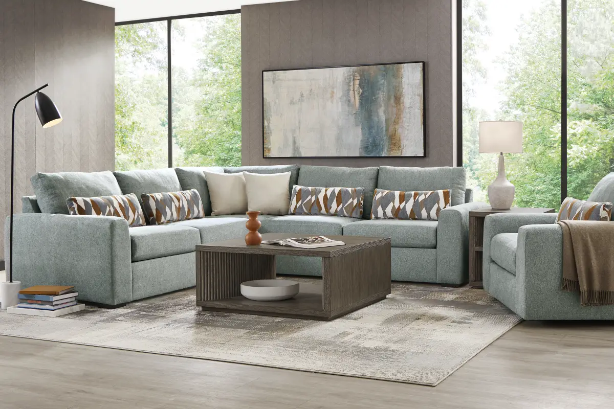 Alexander 6 Pc Blue Chenille Fabric Living Room Set With 3 Pc Sectional ...