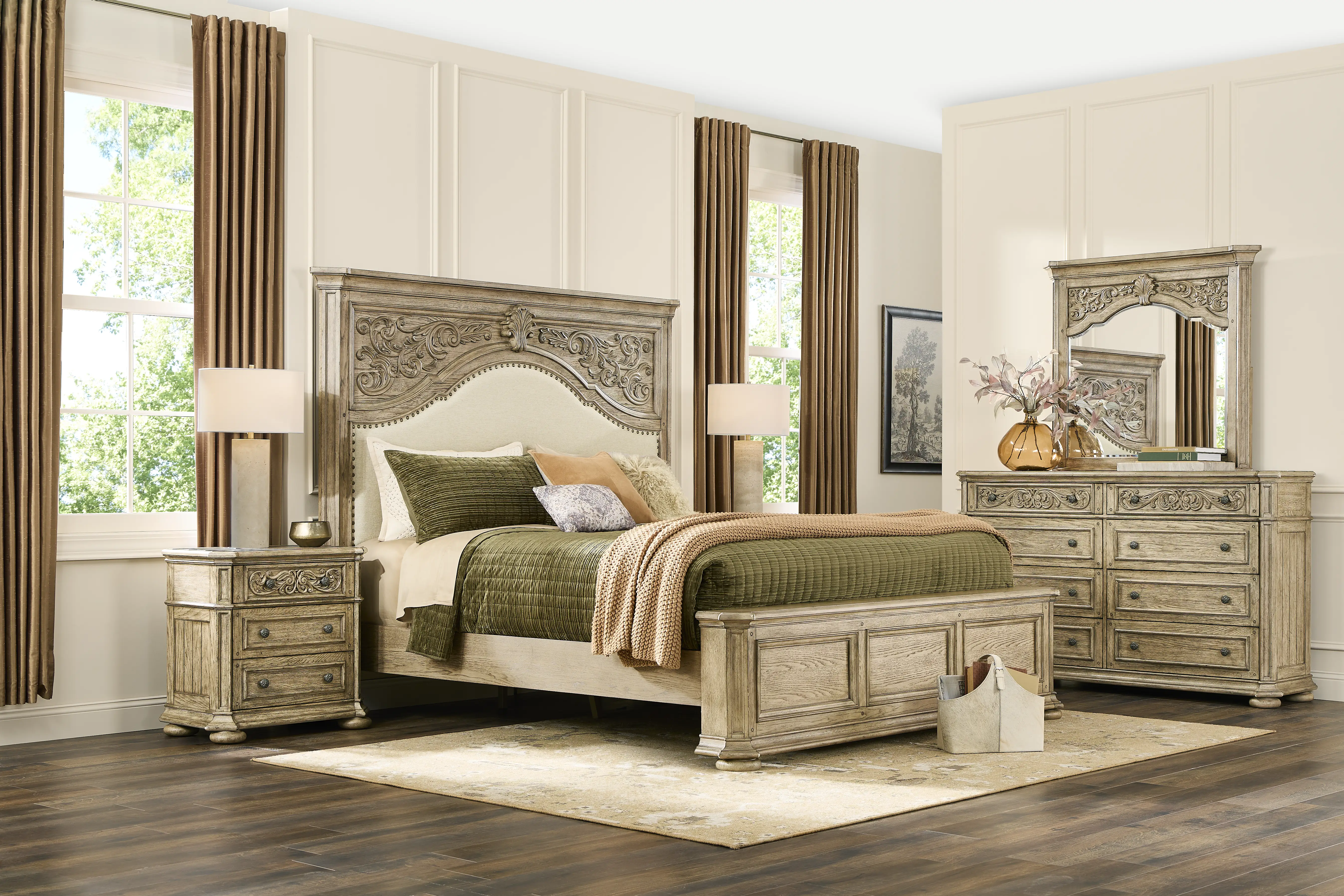 Lowell Taupe 7 Pc Queen Upholstered Bedroom - Thumbnail - Image 1