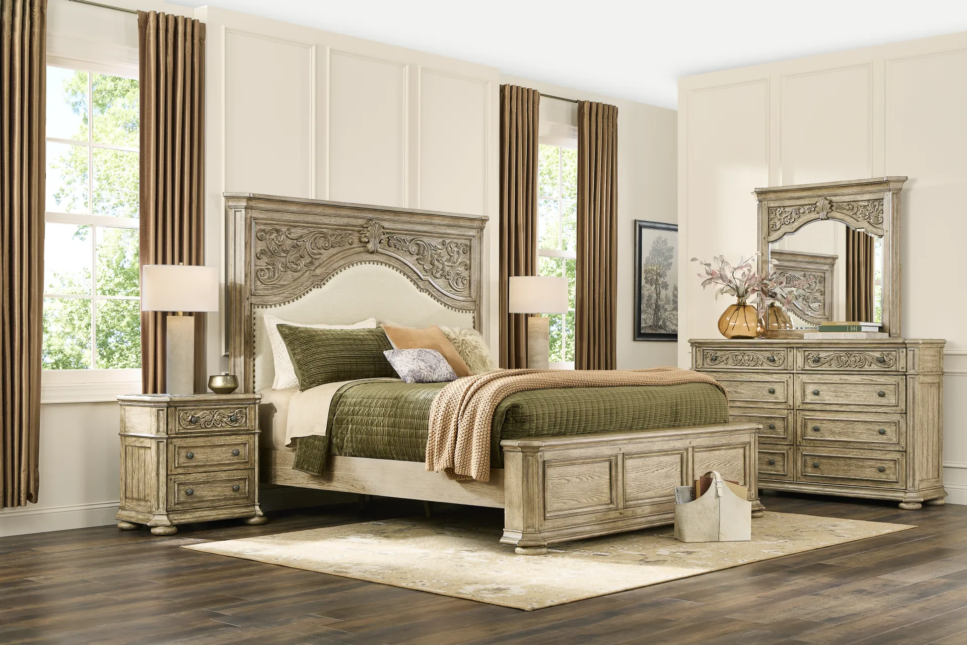Lowell Taupe 7 Pc Queen Upholstered Bedroom - Image 1