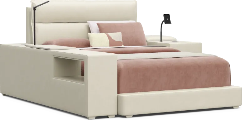 Kids Cloud9 Cream Full Upholstered Bed with Nightstand and Bookcase