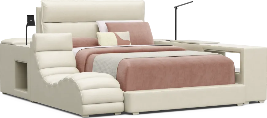 Kids Cloud9 Cream Full Upholstered Bed with Nightstand, Lounger and Bookcase