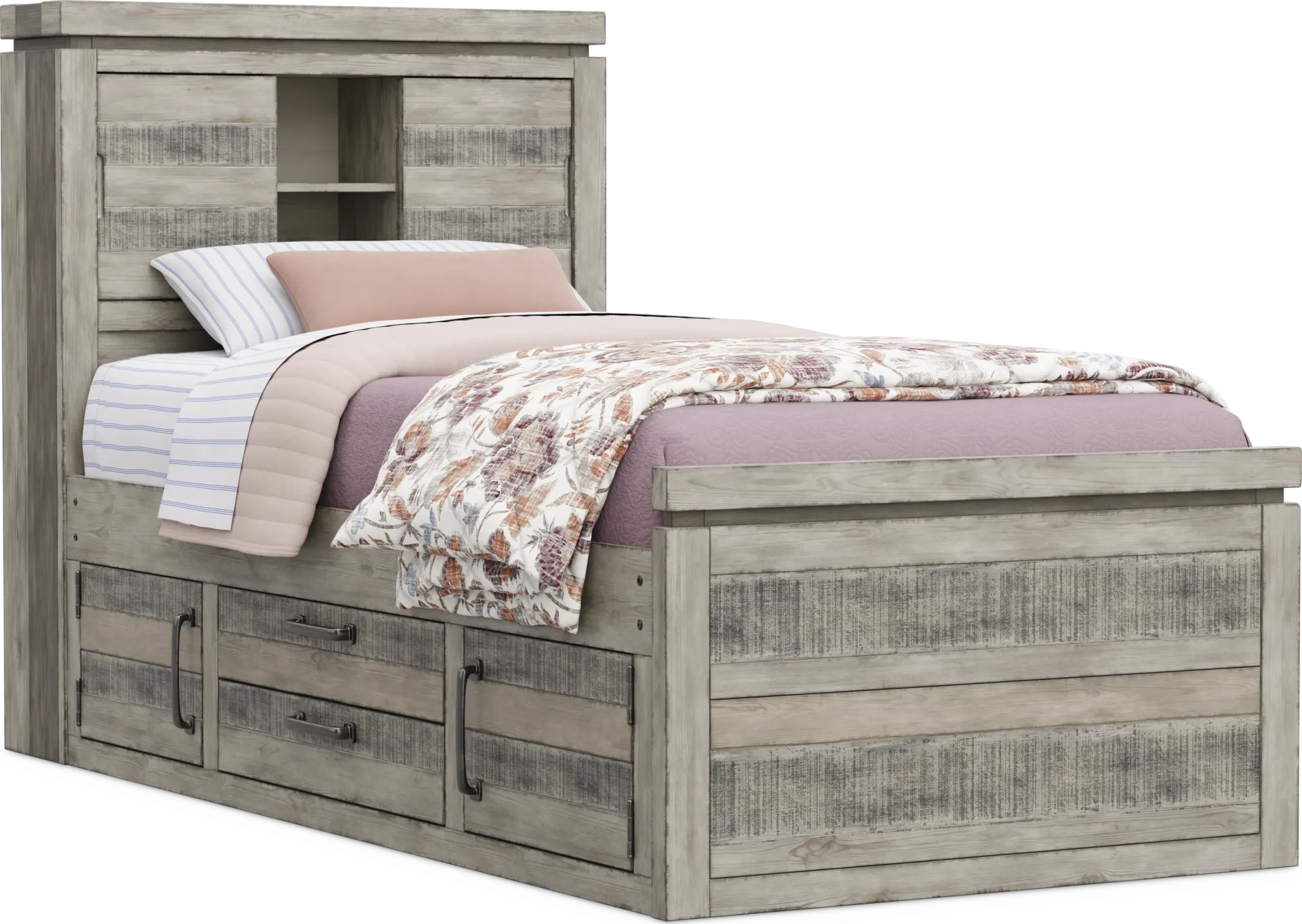 Kids Westover Hills Jr Gray Twin Bookcase Bed with 2 Storage Side Rails - Image 1