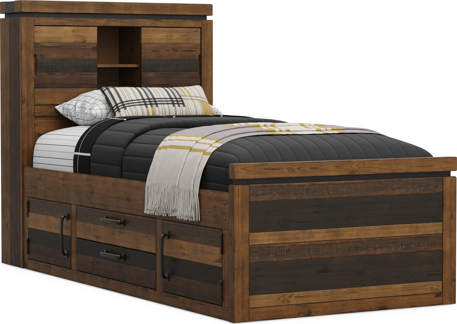 Kids Westover Hills Jr Brown Twin Bookcase Bed with 2 Storage Side Rails - Image 1