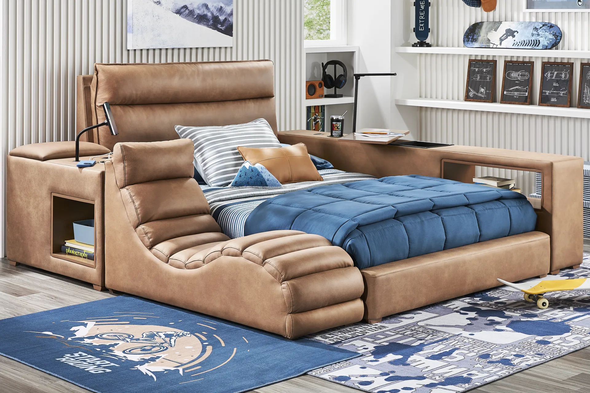 Kids Cloud9 Saddle Full Upholstered Bed with Nightstand and Bookcase - Image 1