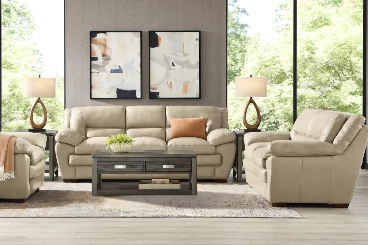 Hayworth 3 Pc Beige Leather Living Room Set With Sofa, Loveseat, Chair ...