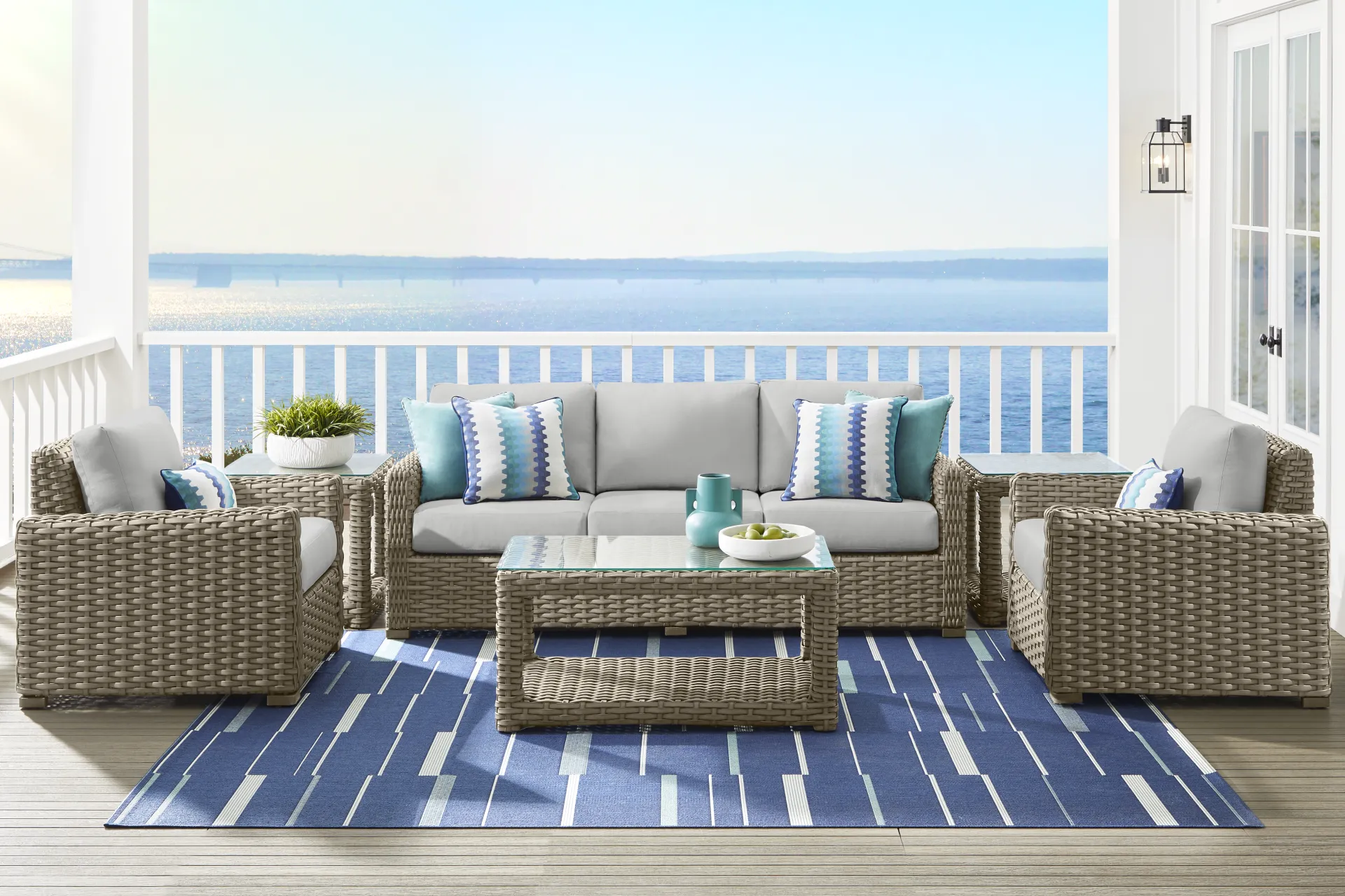 Siesta Key Driftwood Finish Outdoor Sofa with Dove Cushions - Image 1