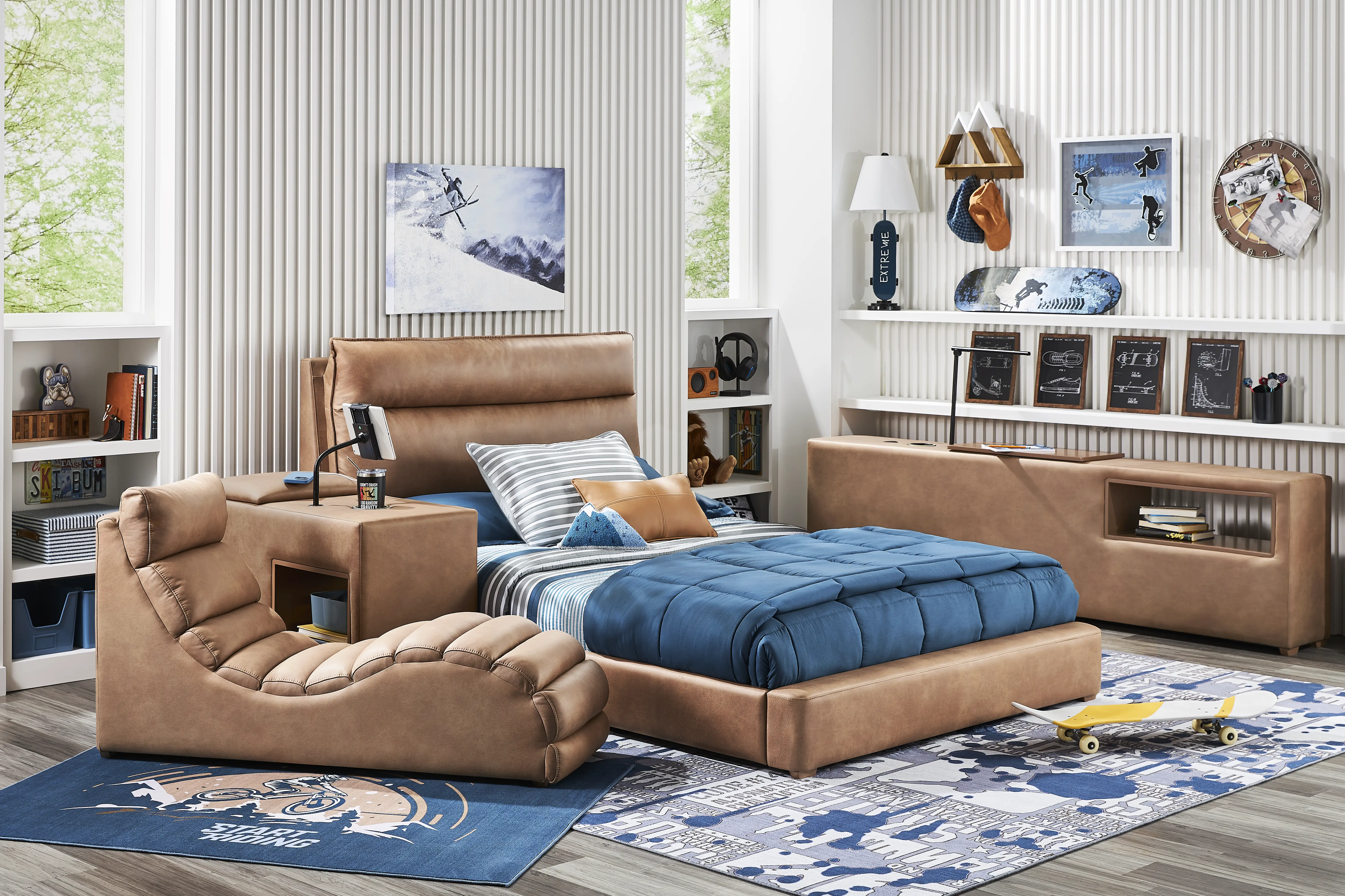 Kids Cloud9 Saddle Full Upholstered Bed with Nightstand, Lounger and Bookcase - Image 3