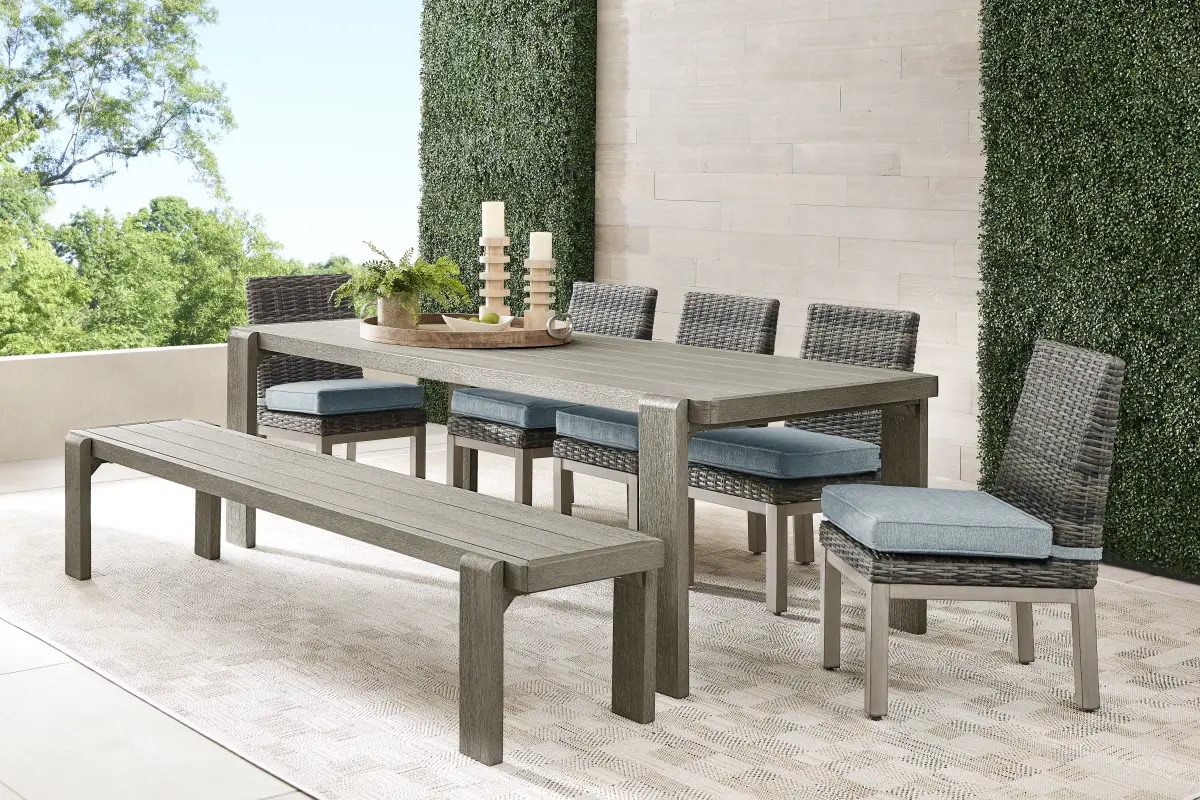 Montecello Gray 7 Pc Outdoor Dining Set with Azure Cushions