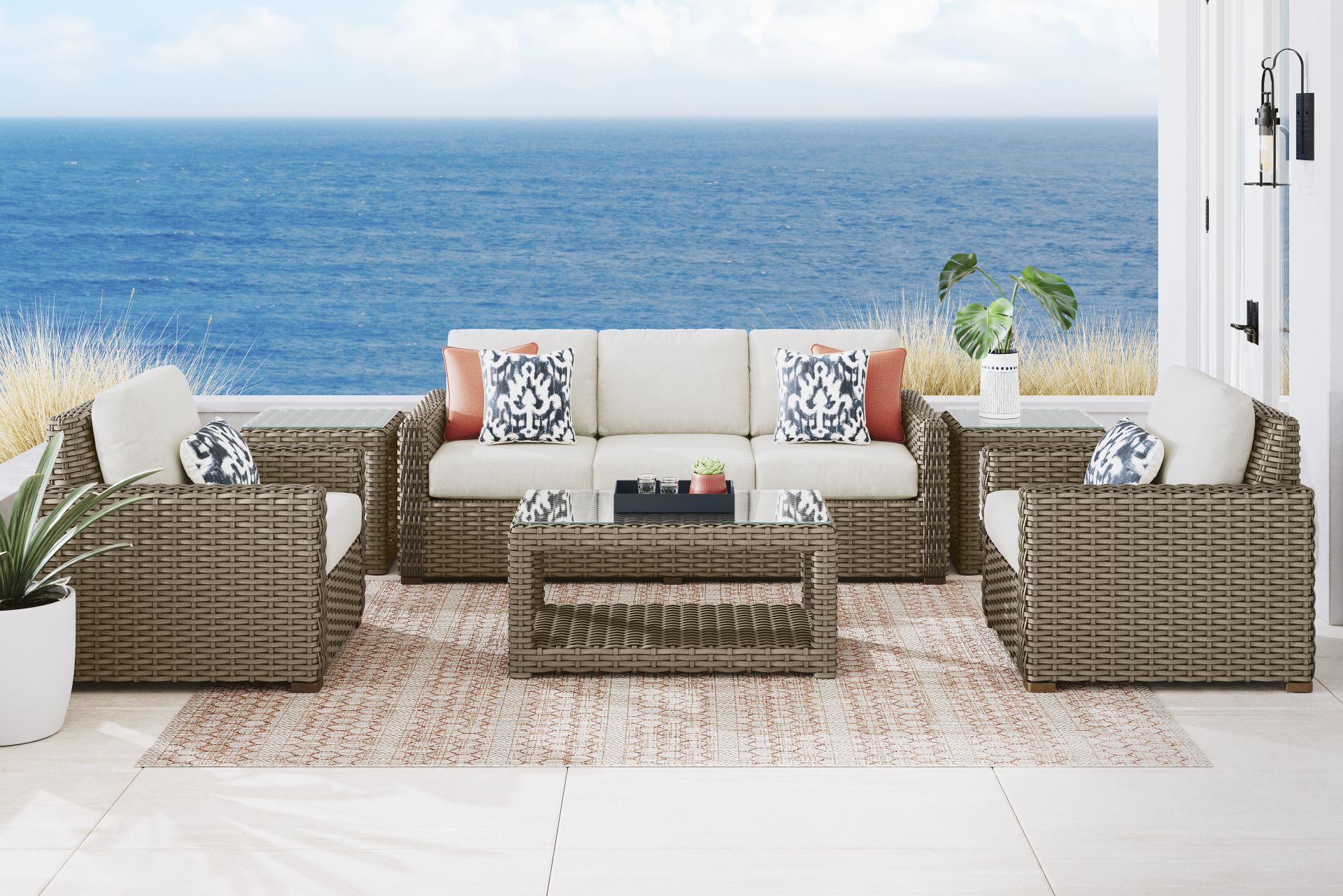 Siesta Key Driftwood Finish 4 Pc Outdoor Seating Set with Desert Cushions - Image 1