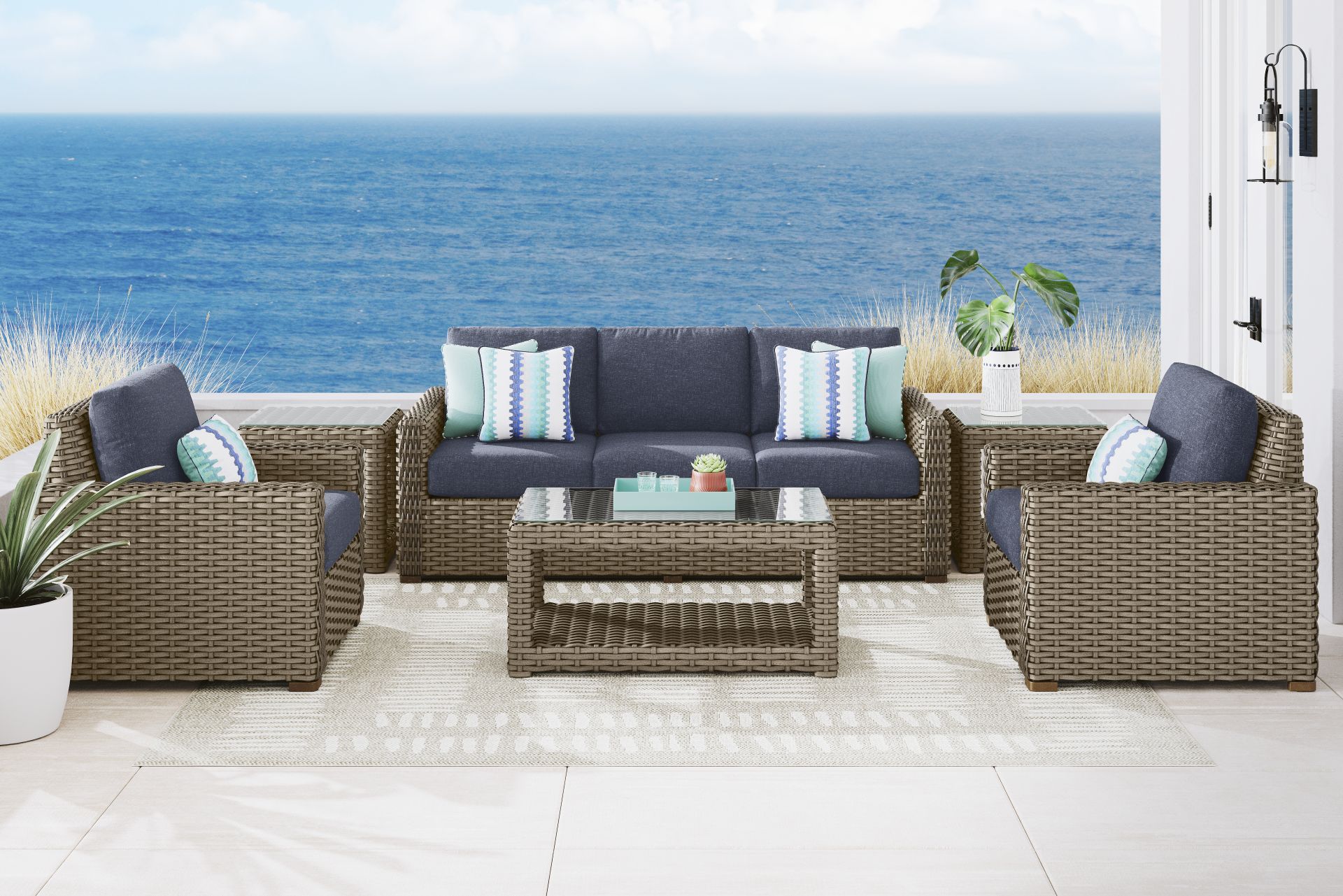 Siesta Key Driftwood Finish 4 Pc Outdoor Seating Set with Ink Cushions - Image 1