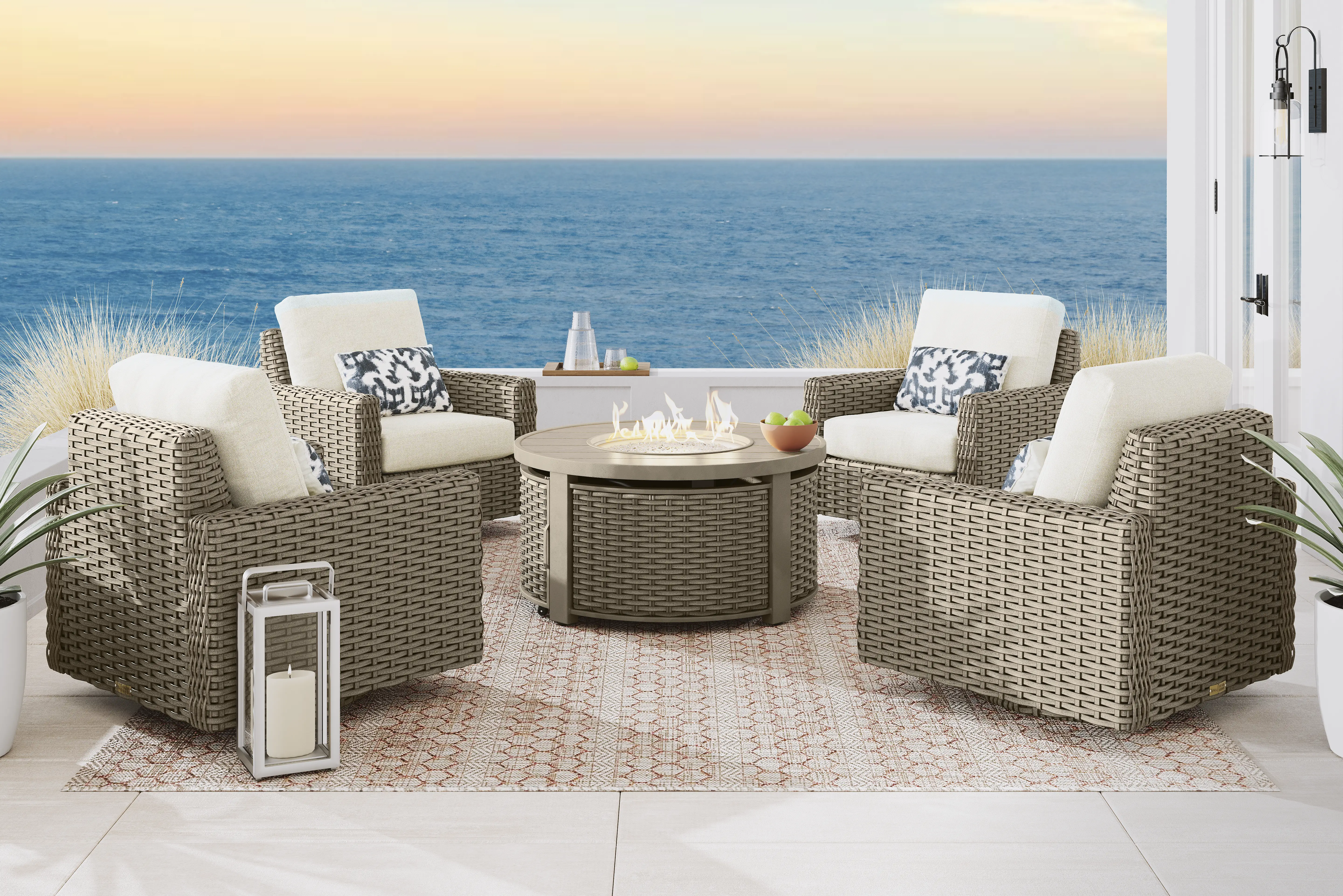 Siesta Key Driftwood Finish 5 Pc Outdoor Fire Pit Swivel Chat Set with Desert Cushions - Thumbnail - Image 1