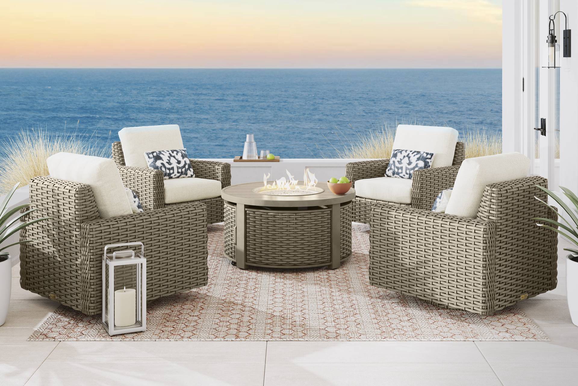 Siesta Key Driftwood Finish 5 Pc Outdoor Fire Pit Swivel Chat Set with Desert Cushions full room