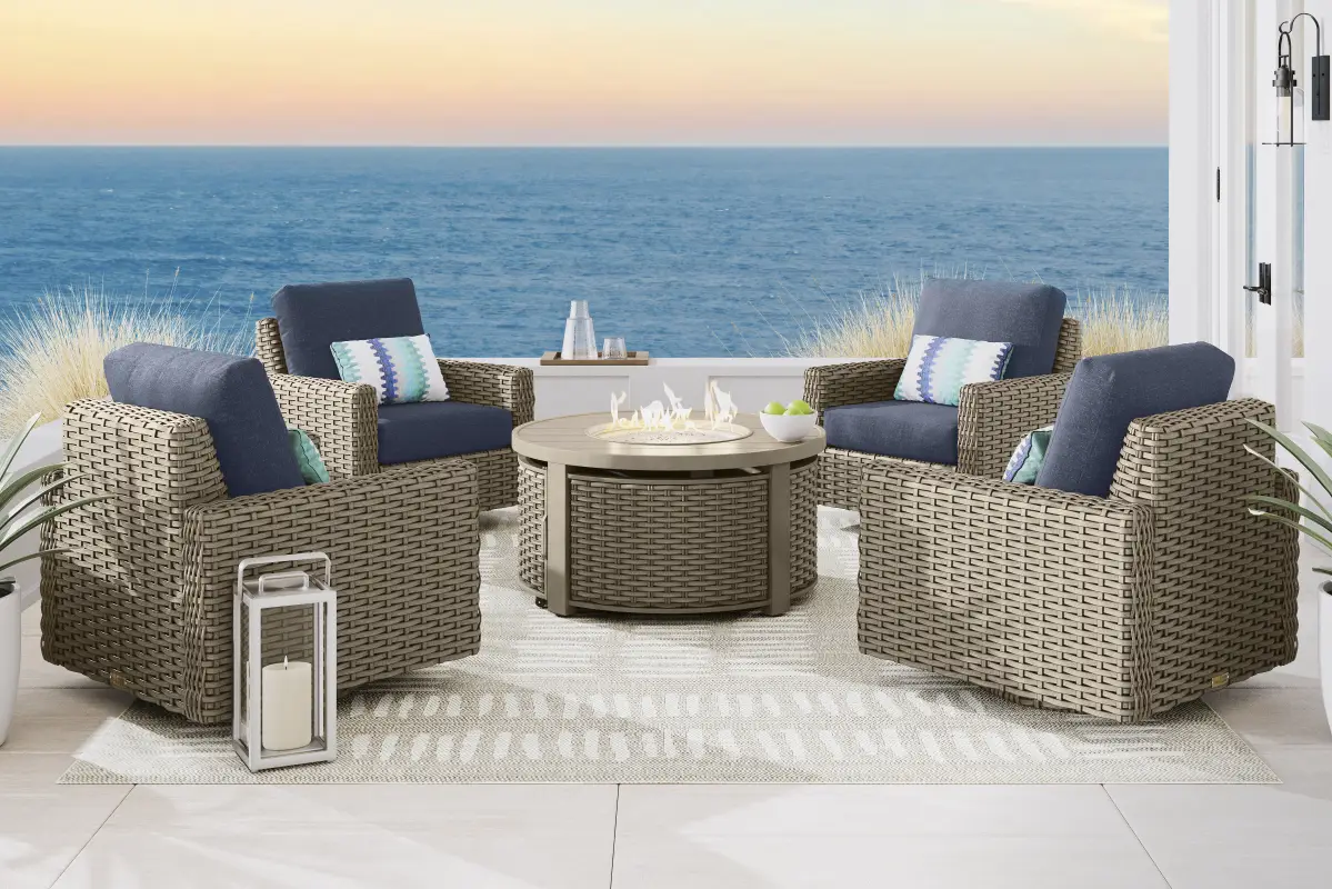 Siesta Key Driftwood Finish 5 Pc Outdoor Fire Pit Swivel Chat Set with Ink Cushions
