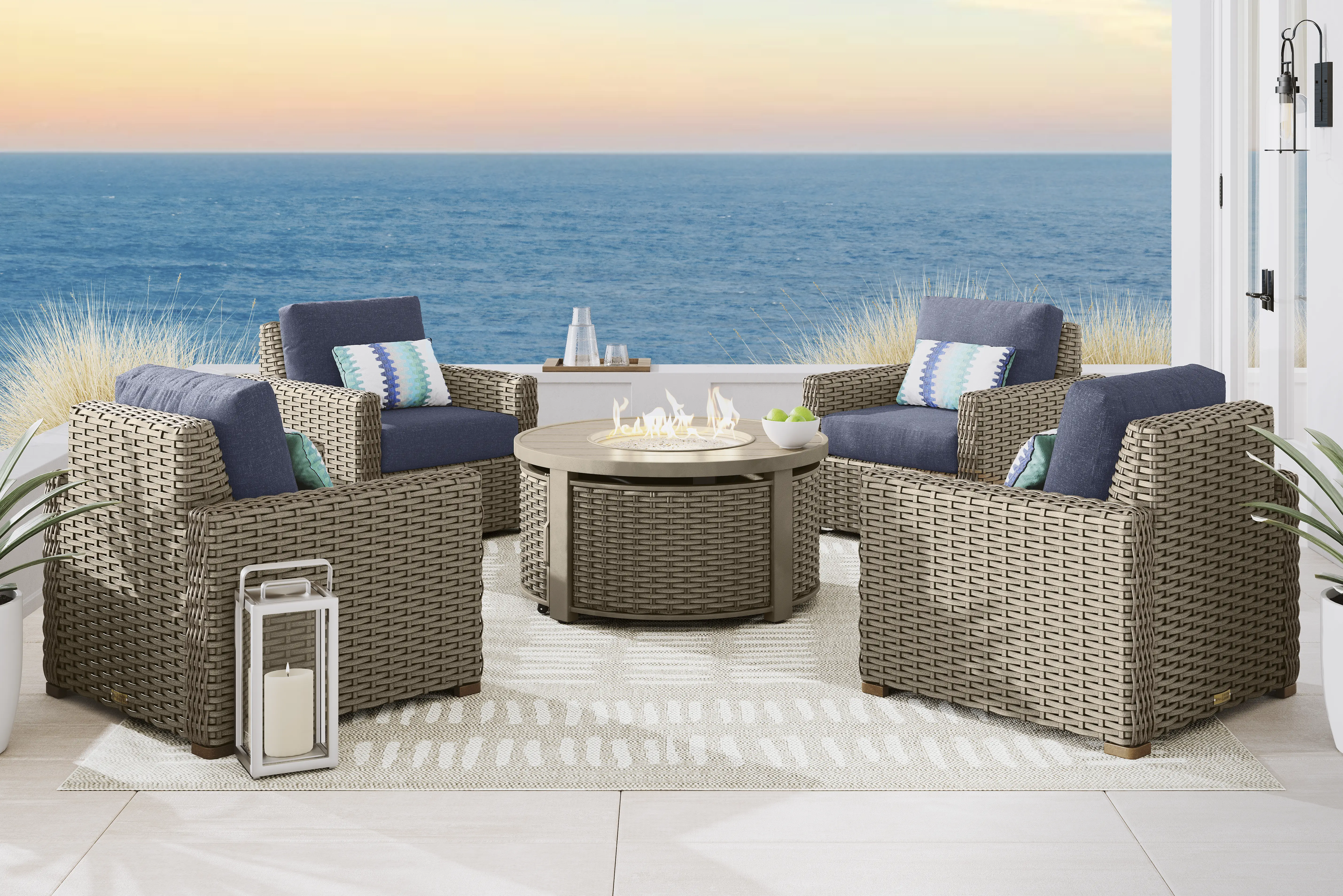 Siesta Key Driftwood Finish 5 Pc Outdoor Fire Pit Chat Set with Ink Cushions - Thumbnail - Image 1