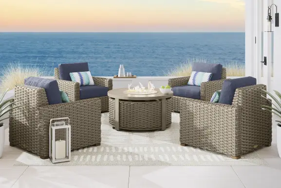 Siesta Key Driftwood Finish 5 Pc Outdoor Fire Pit Chat Set with Ink Cushions