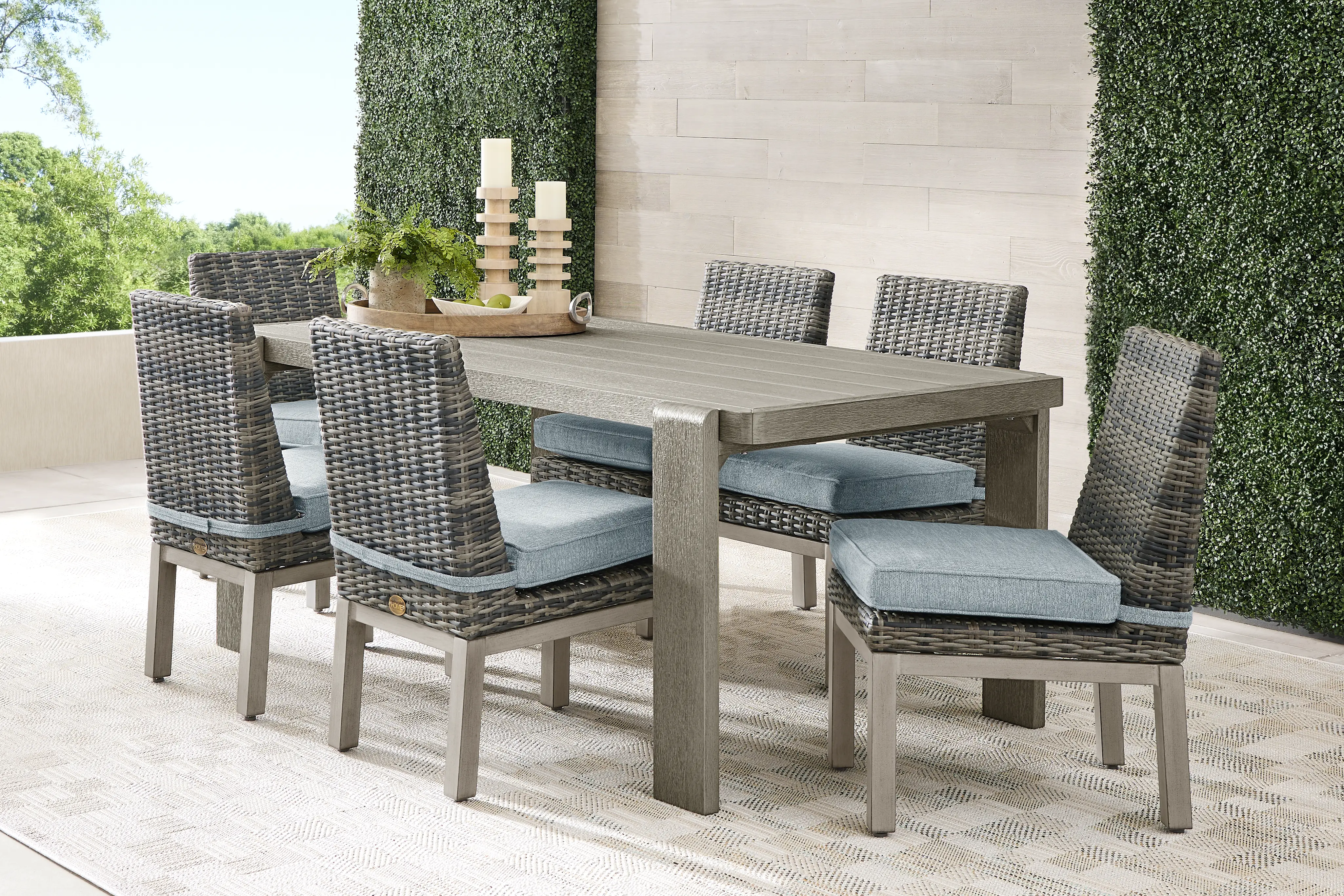 Montecello Gray 7 Pc Outdoor Dining Set with Azure Cushions - Thumbnail - Image 1