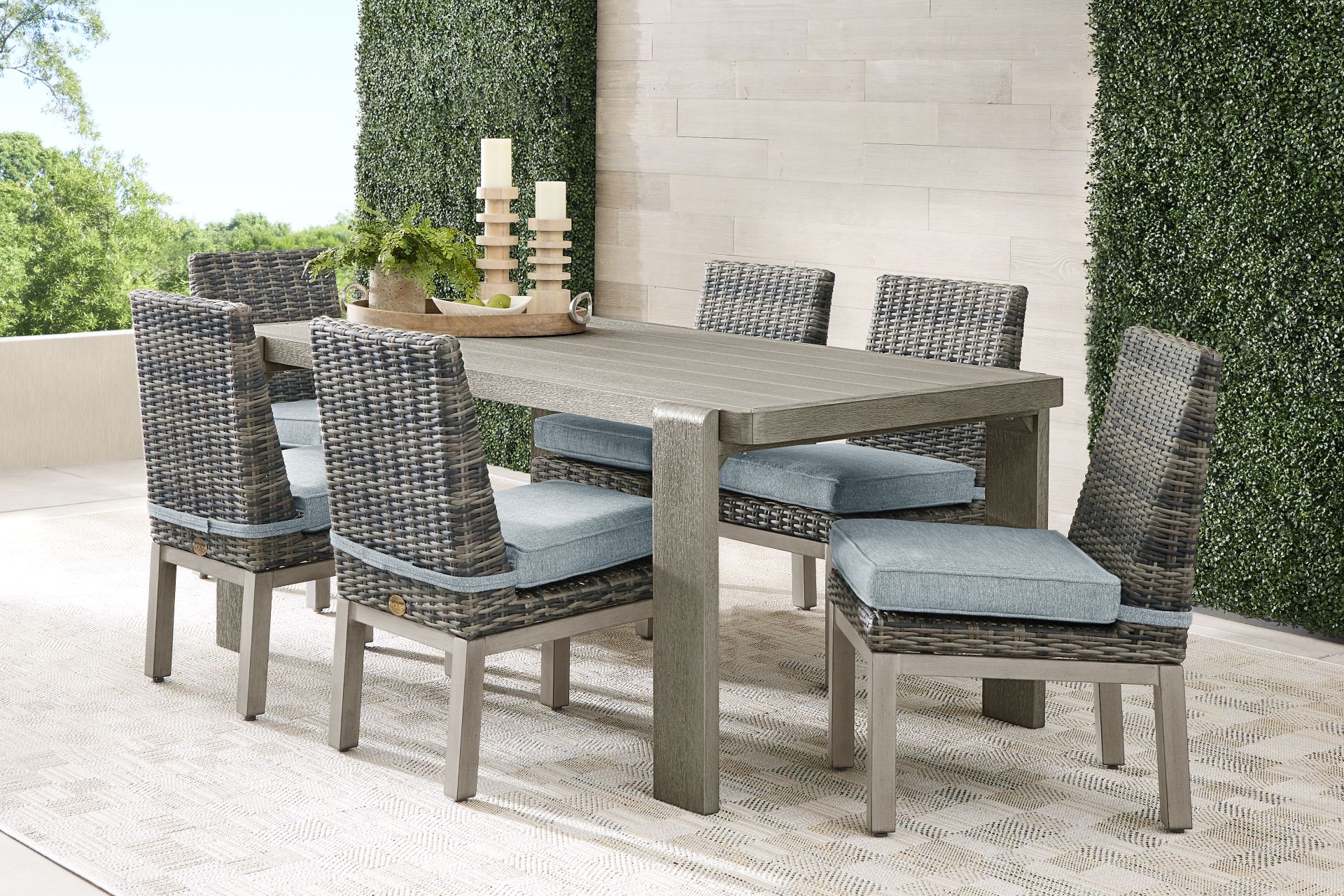 Montecello Gray 7 Pc Outdoor Dining Set with Azure Cushions - Image 1