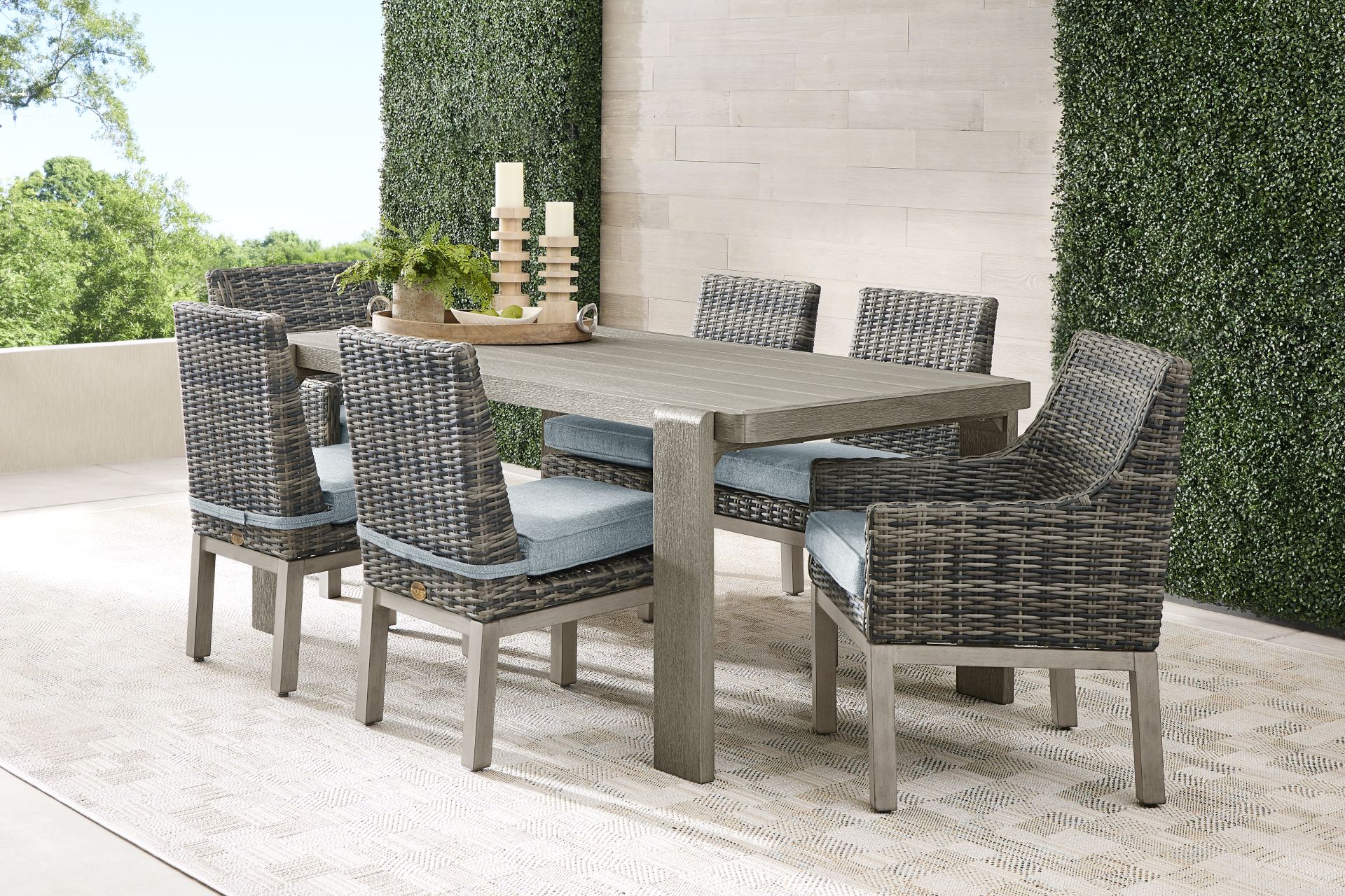 Montecello Gray 7 Pc Outdoor Dining Set with Azure Cushions - Image 1