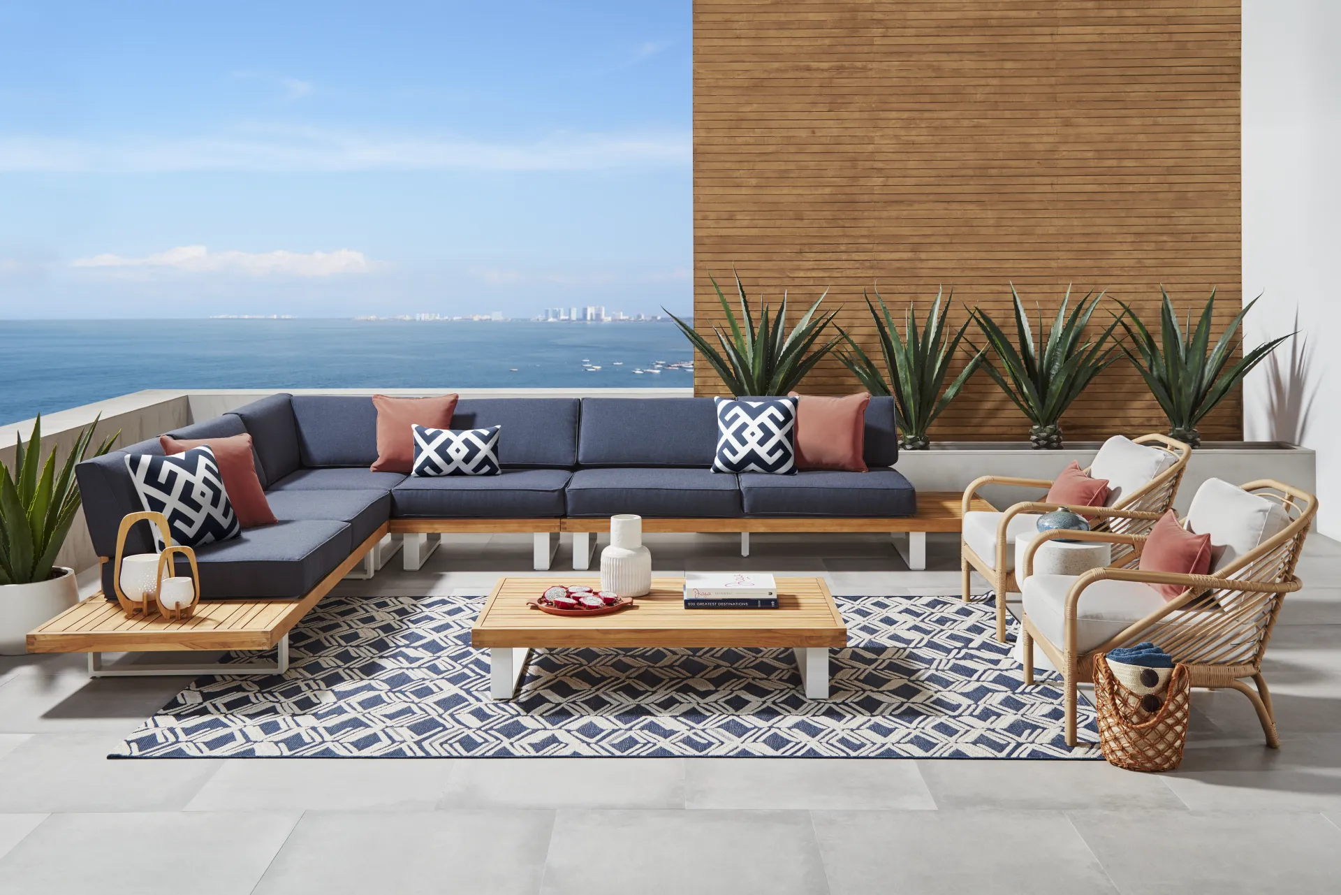 Platform Teak 4 Pc Outdoor Sectional with Indigo Cushions - Image 1