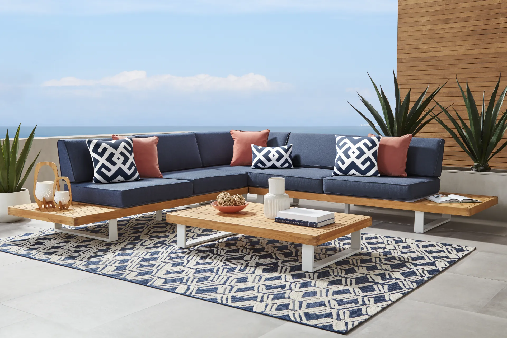 Platform Teak 3 Pc Outdoor Sectional with Indigo Cushions - Image 1