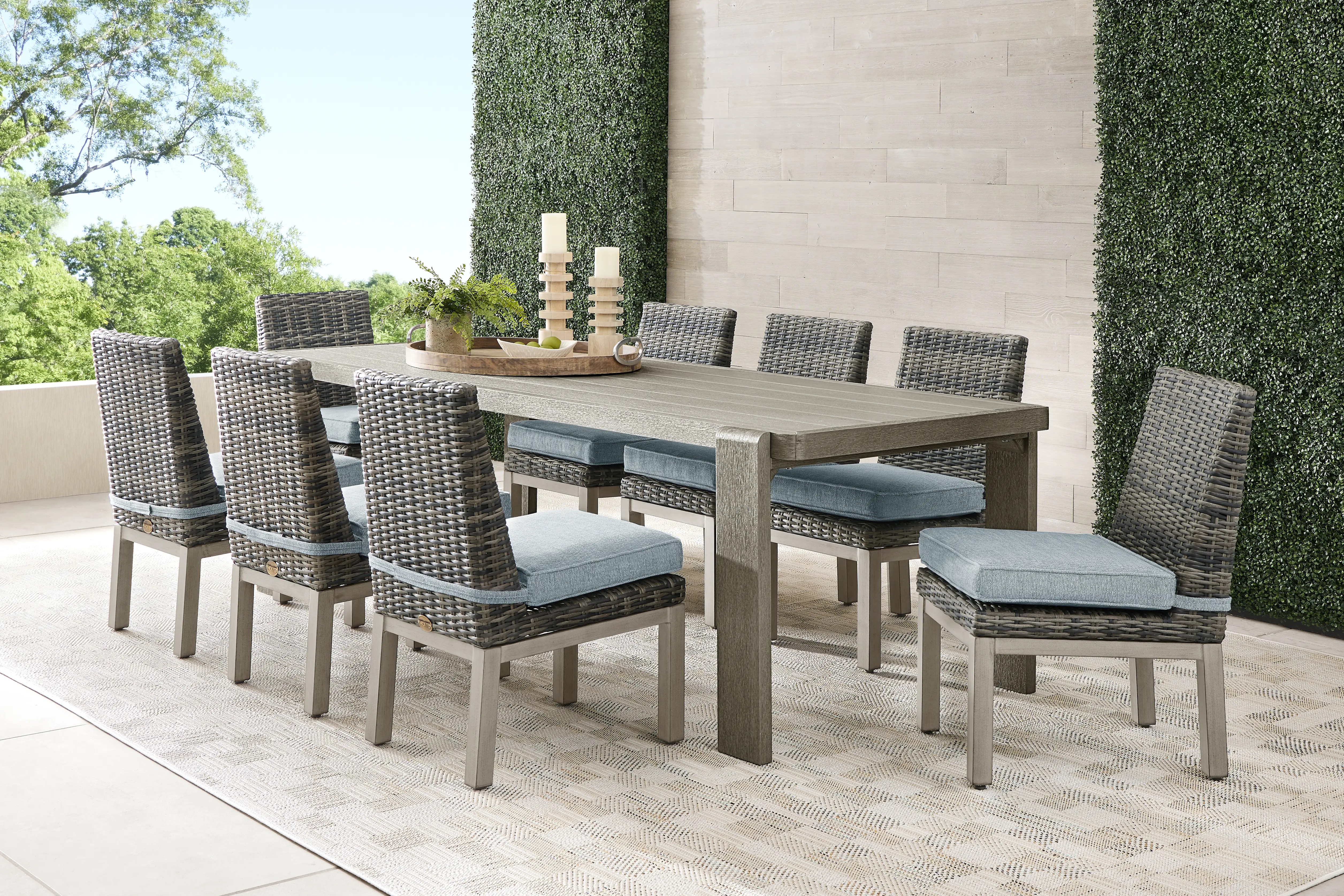 Montecello Gray 9 Pc Outdoor Dining Set with Azure Cushions - Thumbnail - Image 1