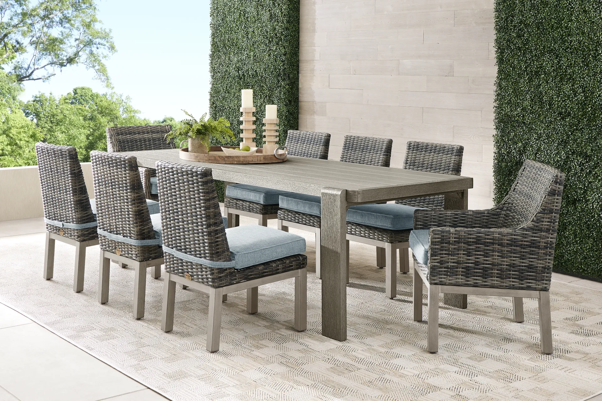 Montecello Gray 9 Pc Outdoor Dining Set with Azure Cushions - Image 1